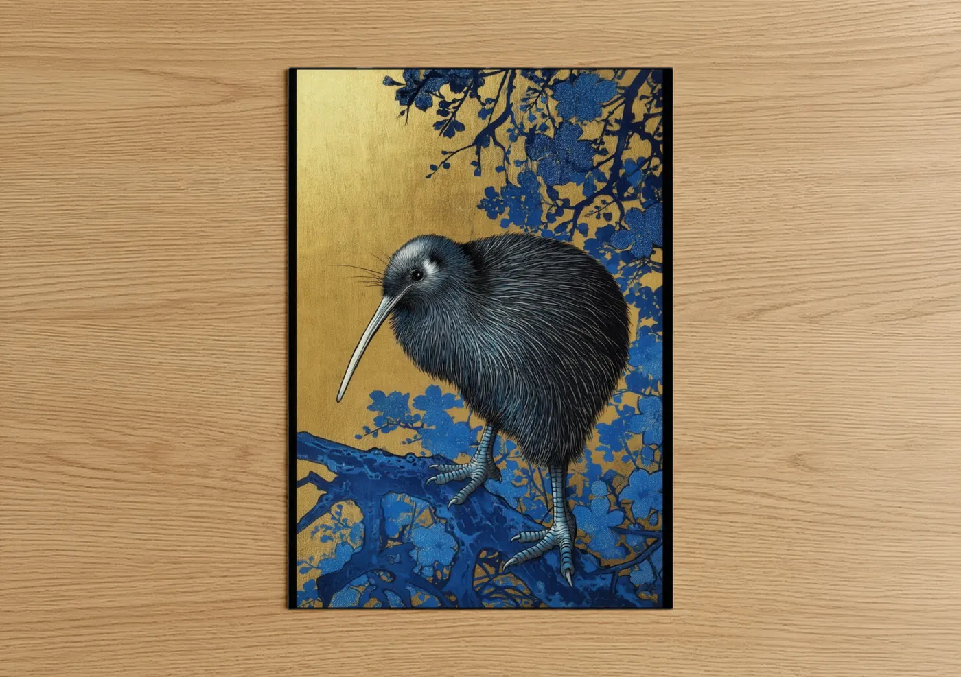 Black Kiwi Bird Gold Blue Botanical Wall Art