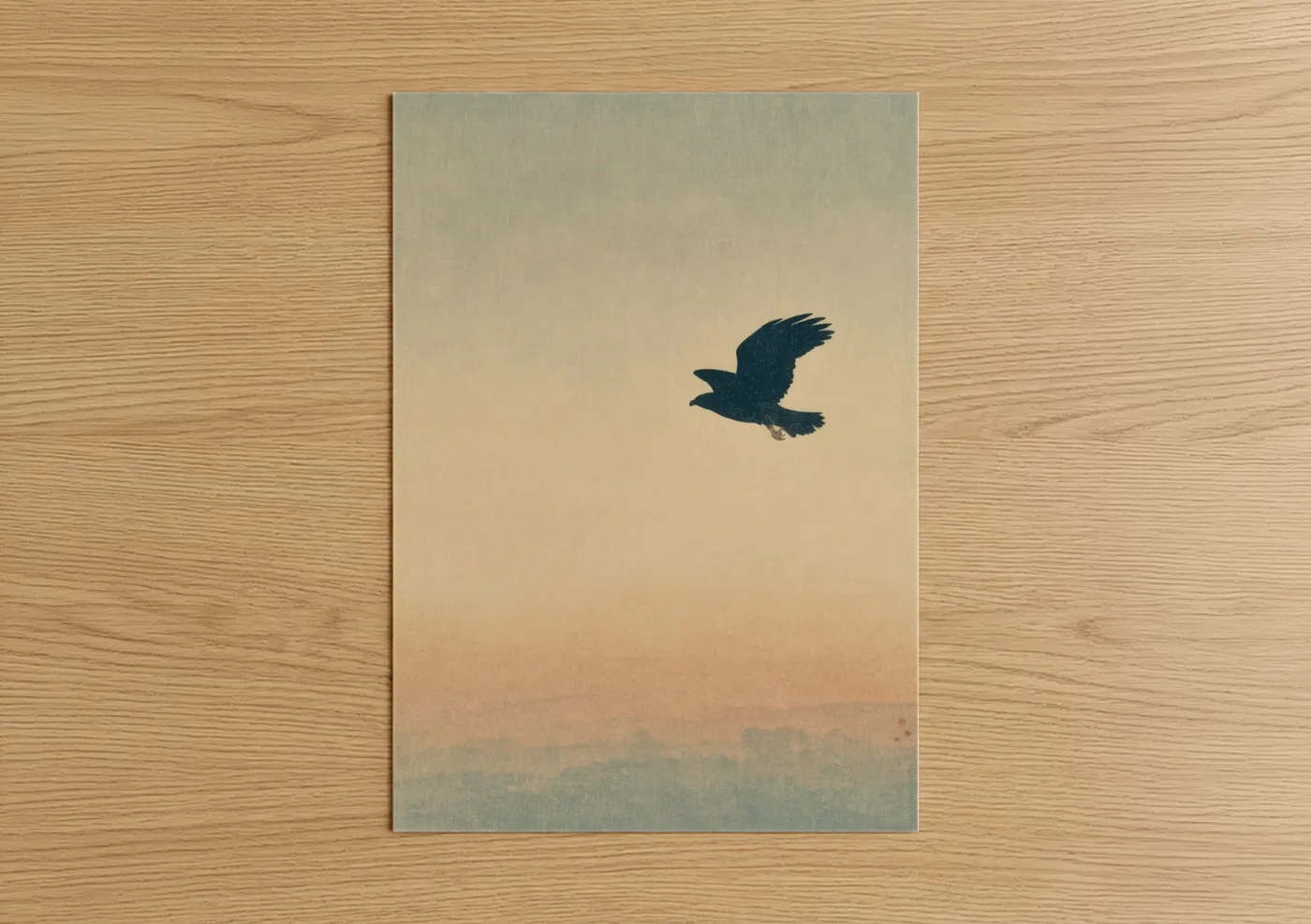 Morning sky art print on warm oak wood — peach and cream palette — Dawn Raven poster