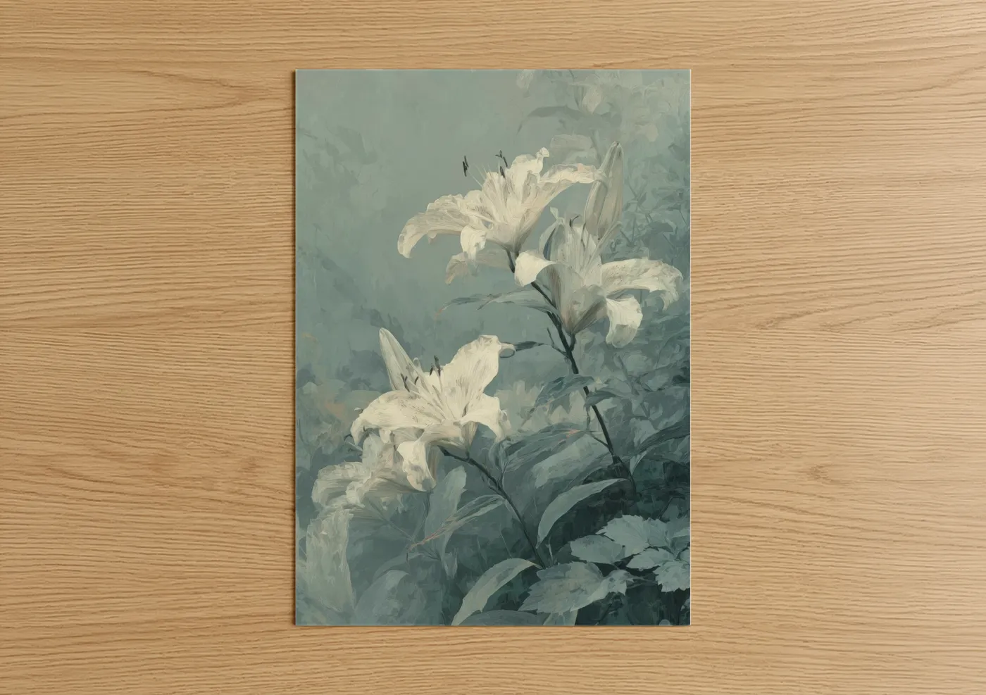 Art print on warm oak wood — white and dove gray palette — Ethereal White Lily poster