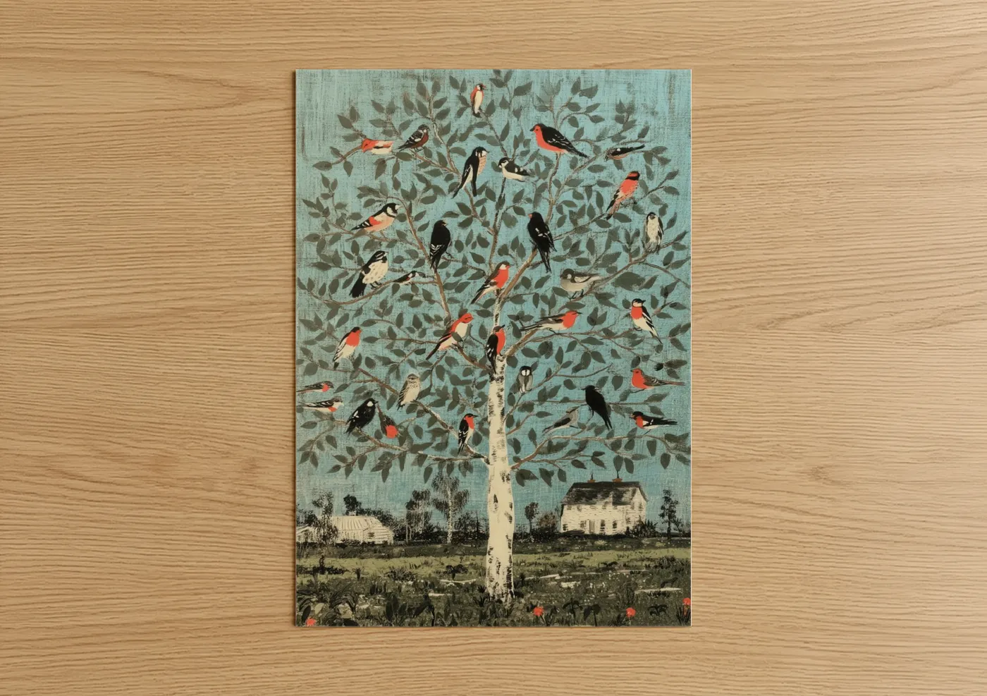 Colorful Finches Perched on Tree Illustration Wall Art