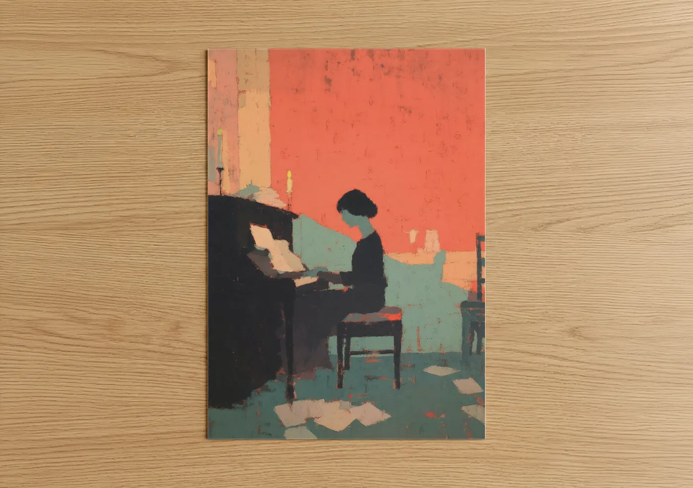 Piano art print on warm oak wood — salmon pink and teal palette — Crimson Pianist poster