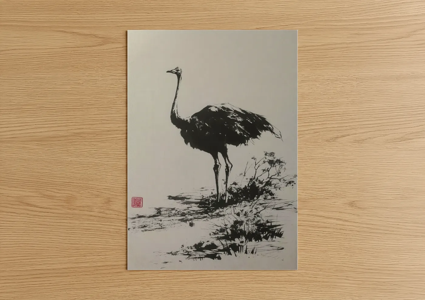 Ostrich Savanna Wildlife Ink Wall Art
