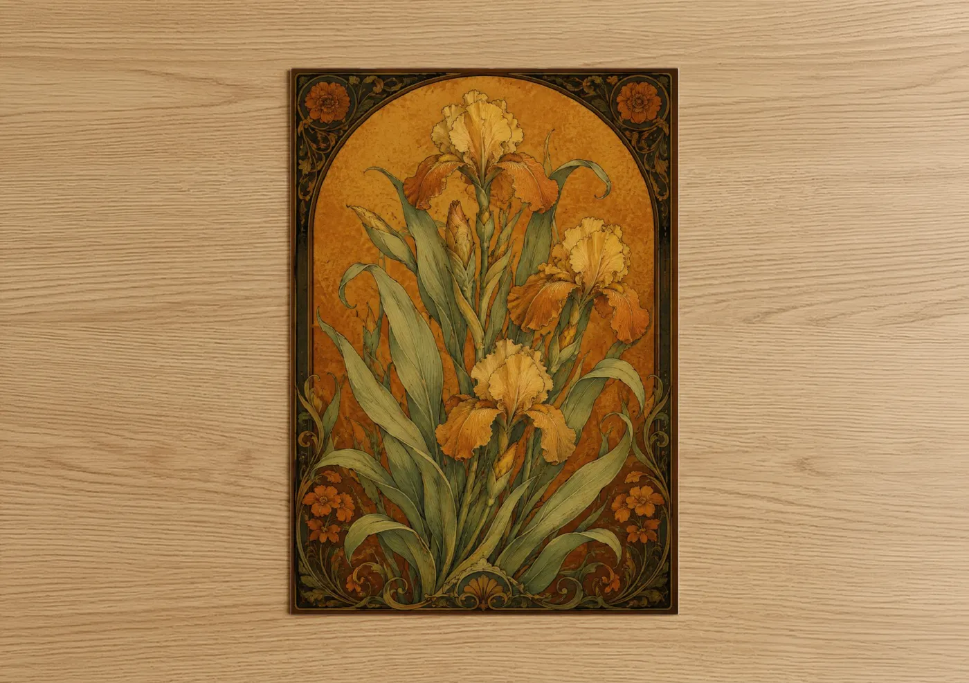 Art print on warm oak wood — gold and orange palette — Golden Iris Art Deco Wall Art poster