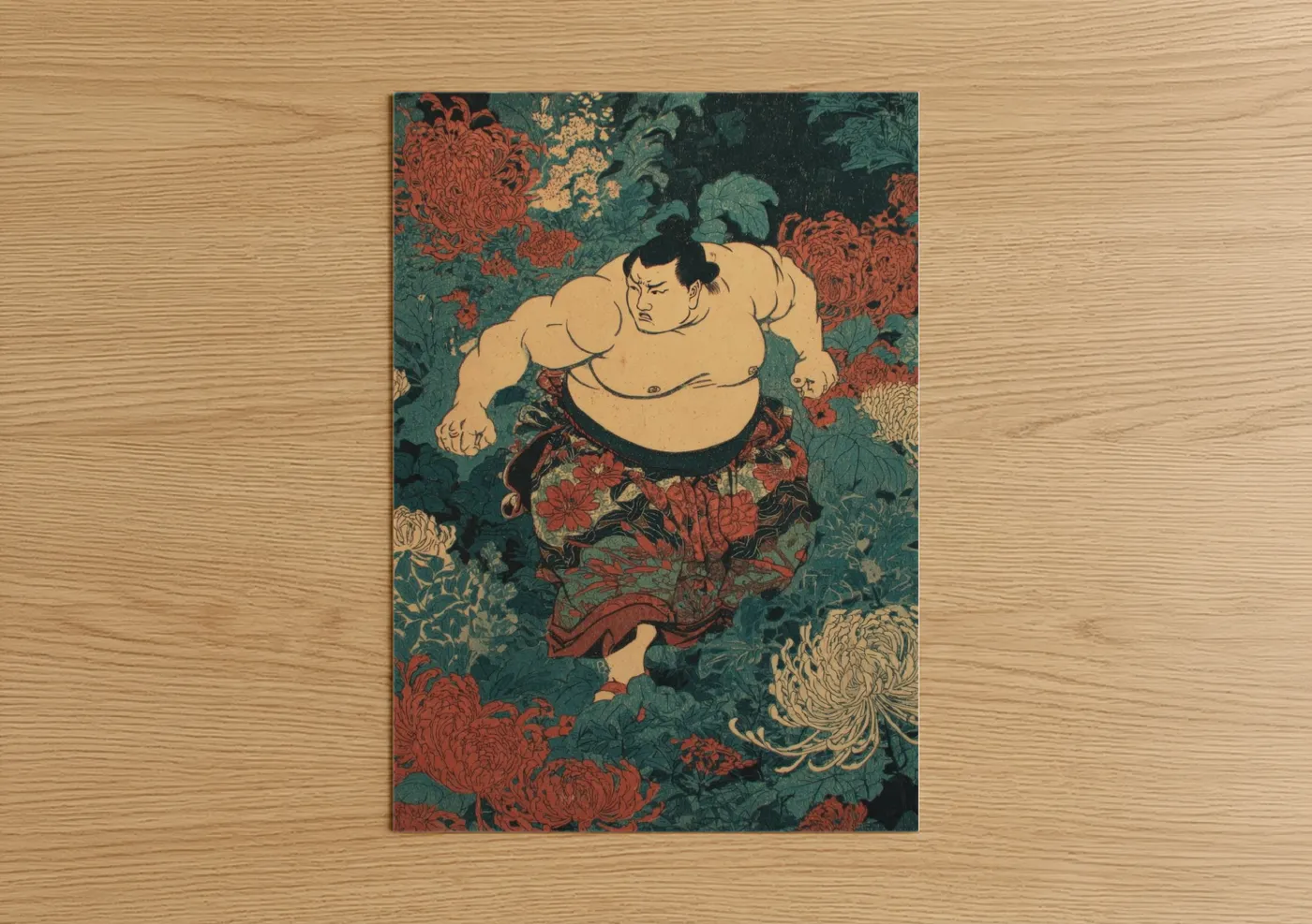 Sumo Wrestler Chrysanthemum Woodblock Wall Art