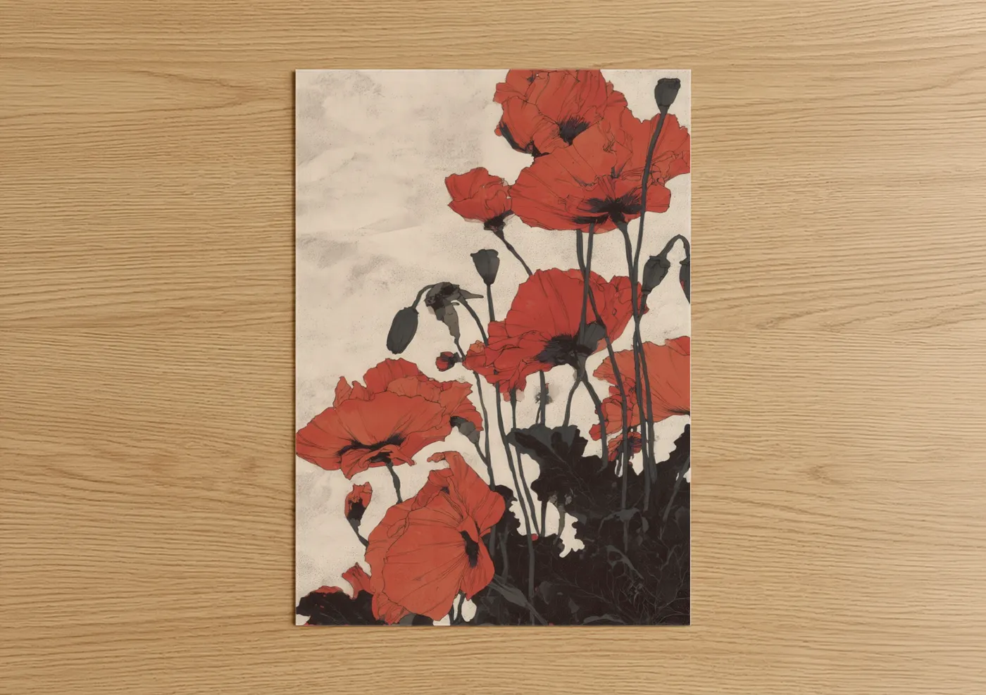 Crimson Poppies Botanical Line Wall Art