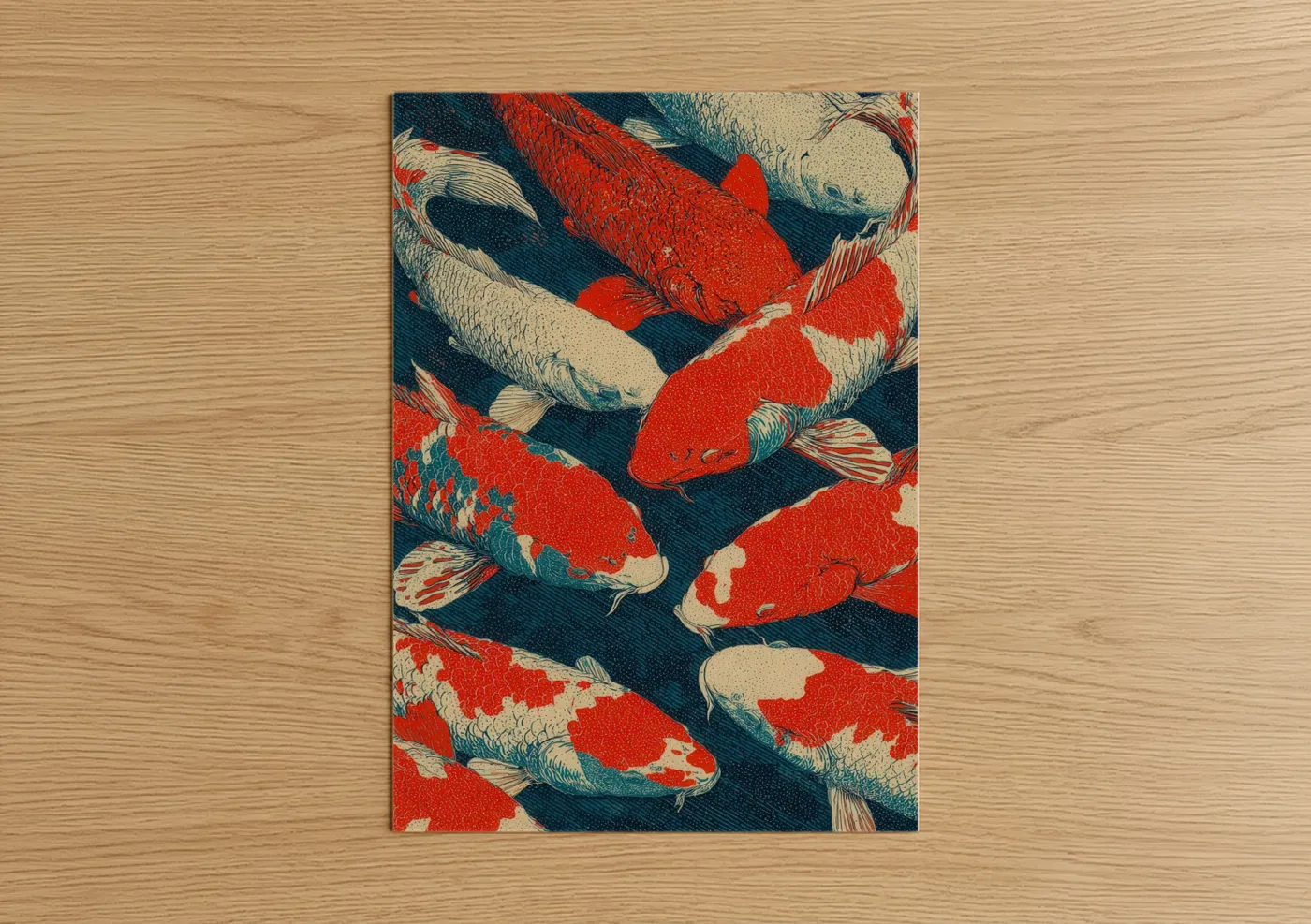 Koi fish art print on warm oak wood — red and dark blue palette — Crimson Koi Dance poster