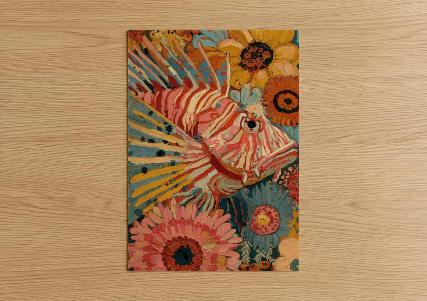 Art print on warm oak wood — red and gold palette — Ornate Lionfish poster