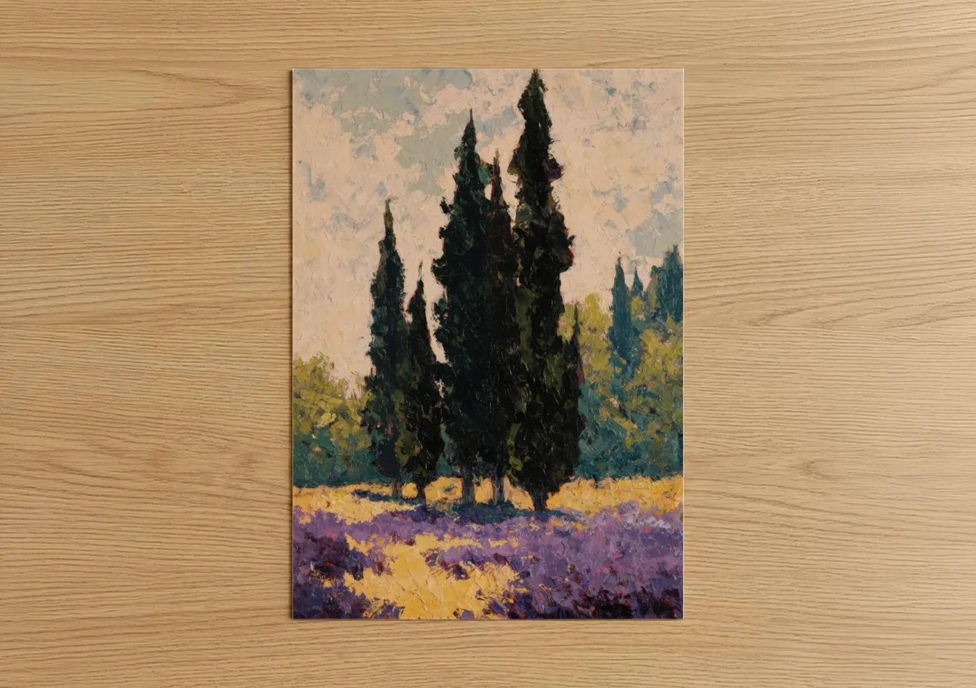 Cypress tree art print on warm oak wood — gold and purple palette — Tuscan Cypress Sentinels poster