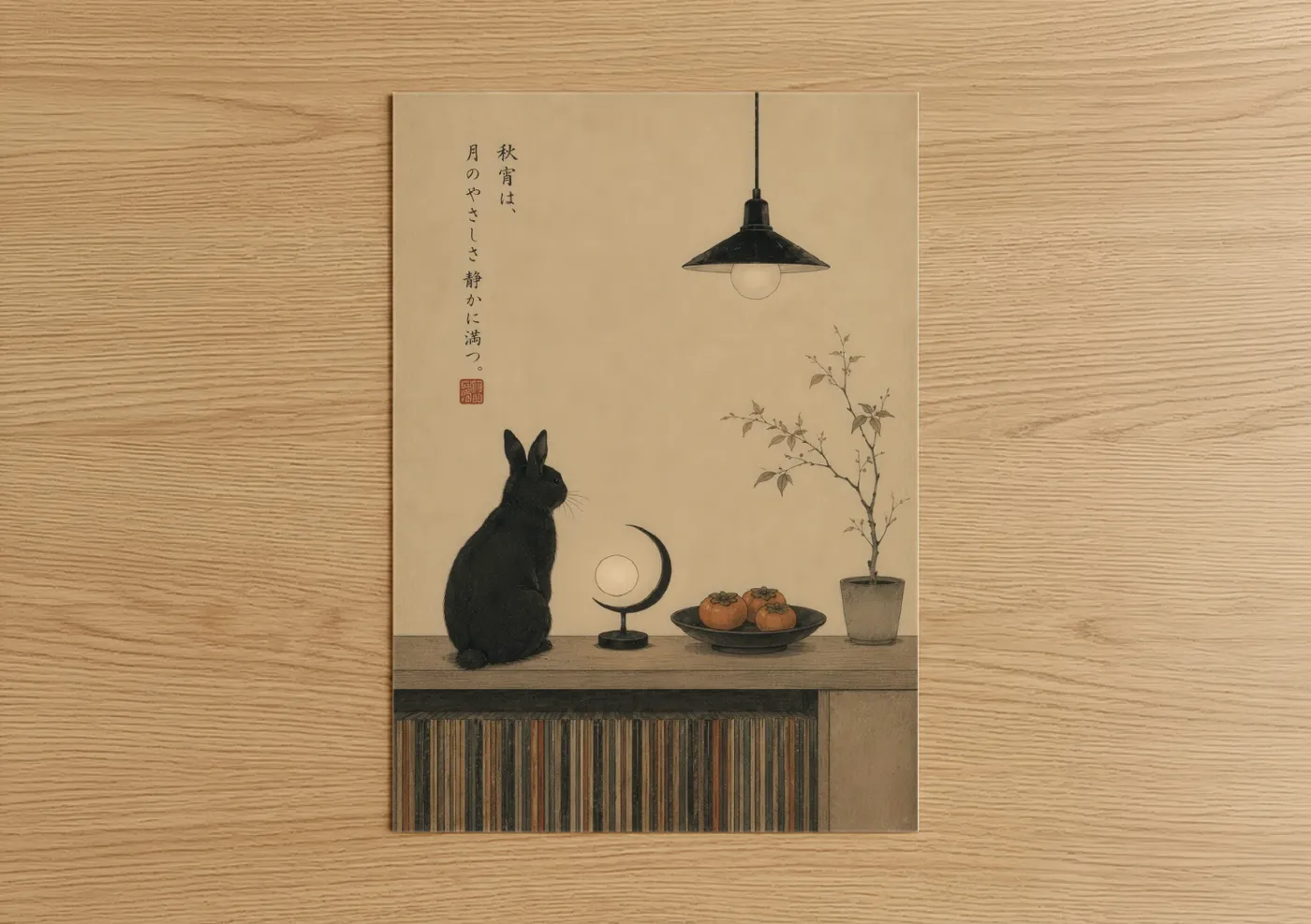 Art print on warm oak wood — beige and black palette — Japanese Black Cat with Persimmons Wall Art poster