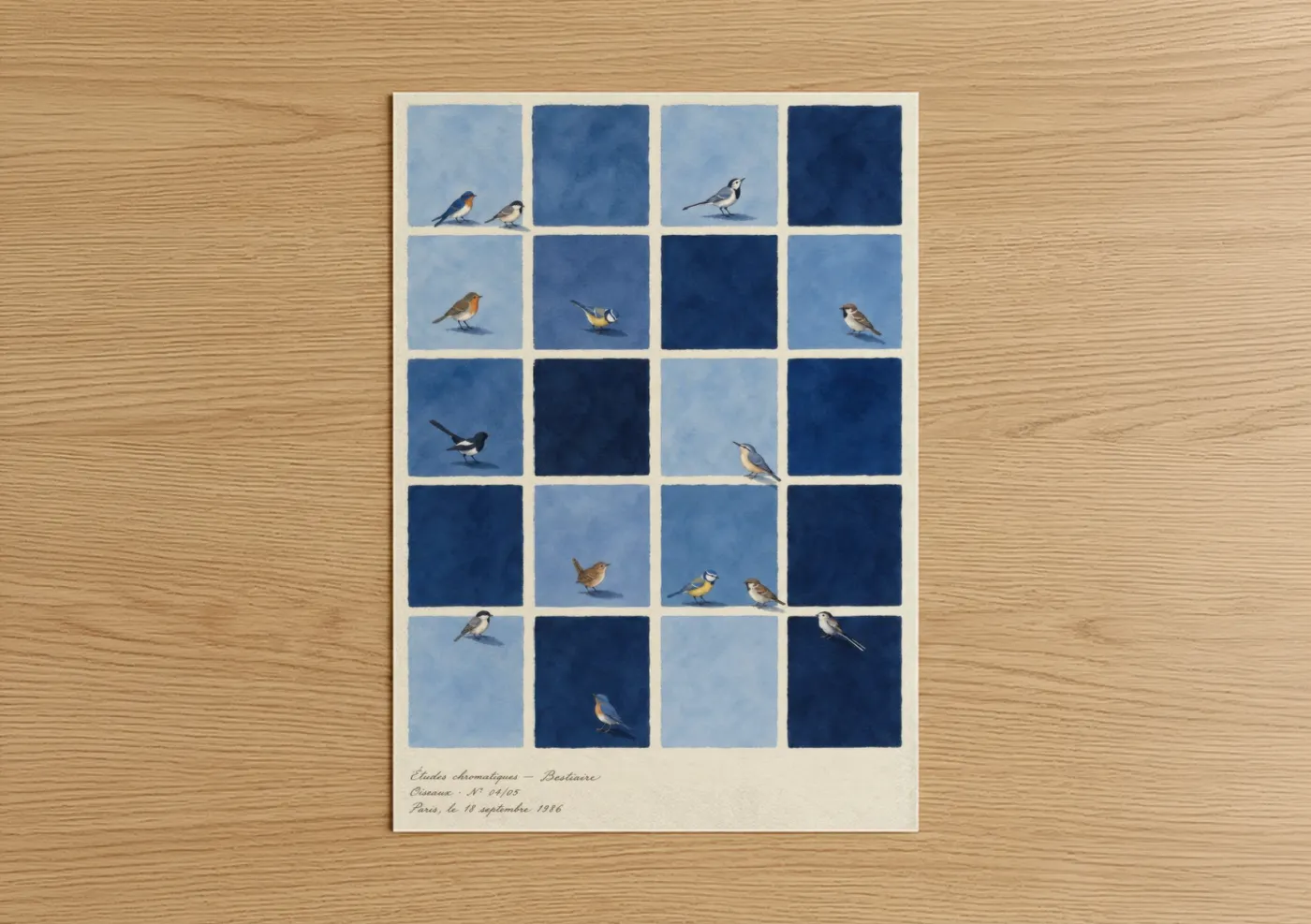 Art print on warm oak wood — blue and blue and white palette — Blue Songbird Grid Wall Art poster
