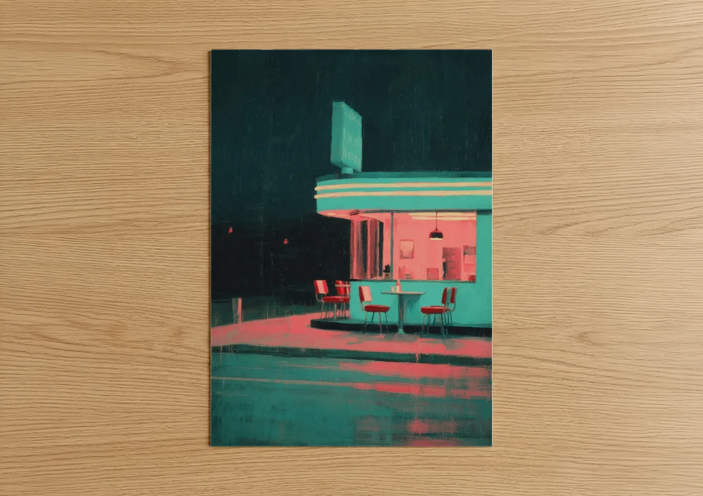Fast food art print on warm oak wood — teal and salmon pink palette — Neon Diner poster