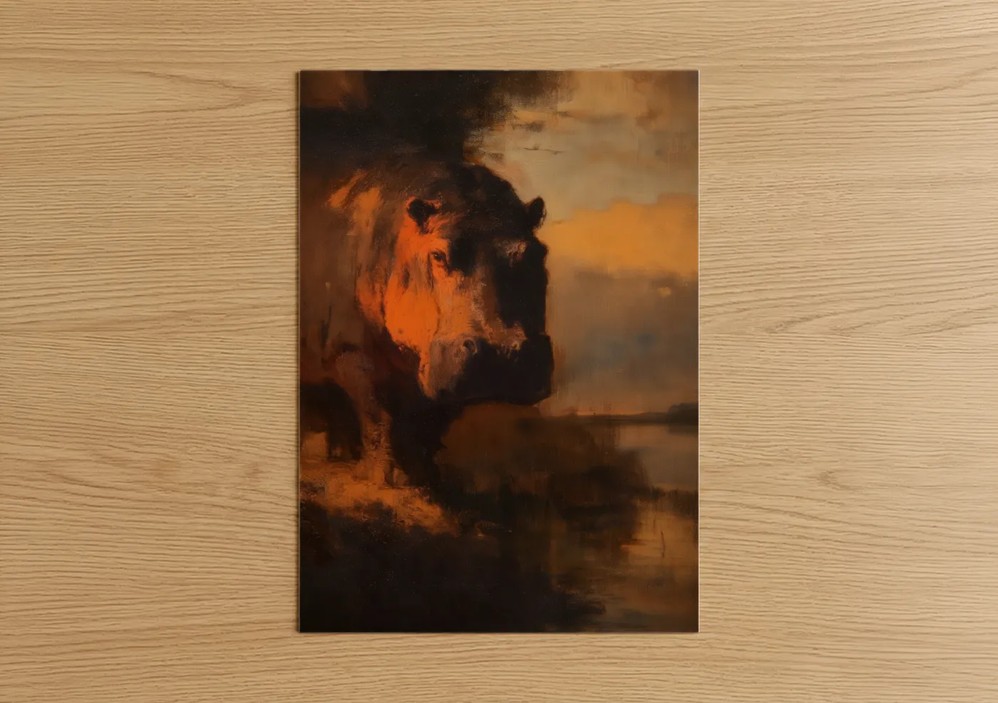 Art print on warm oak wood — orange and black palette — Golden Hippo poster