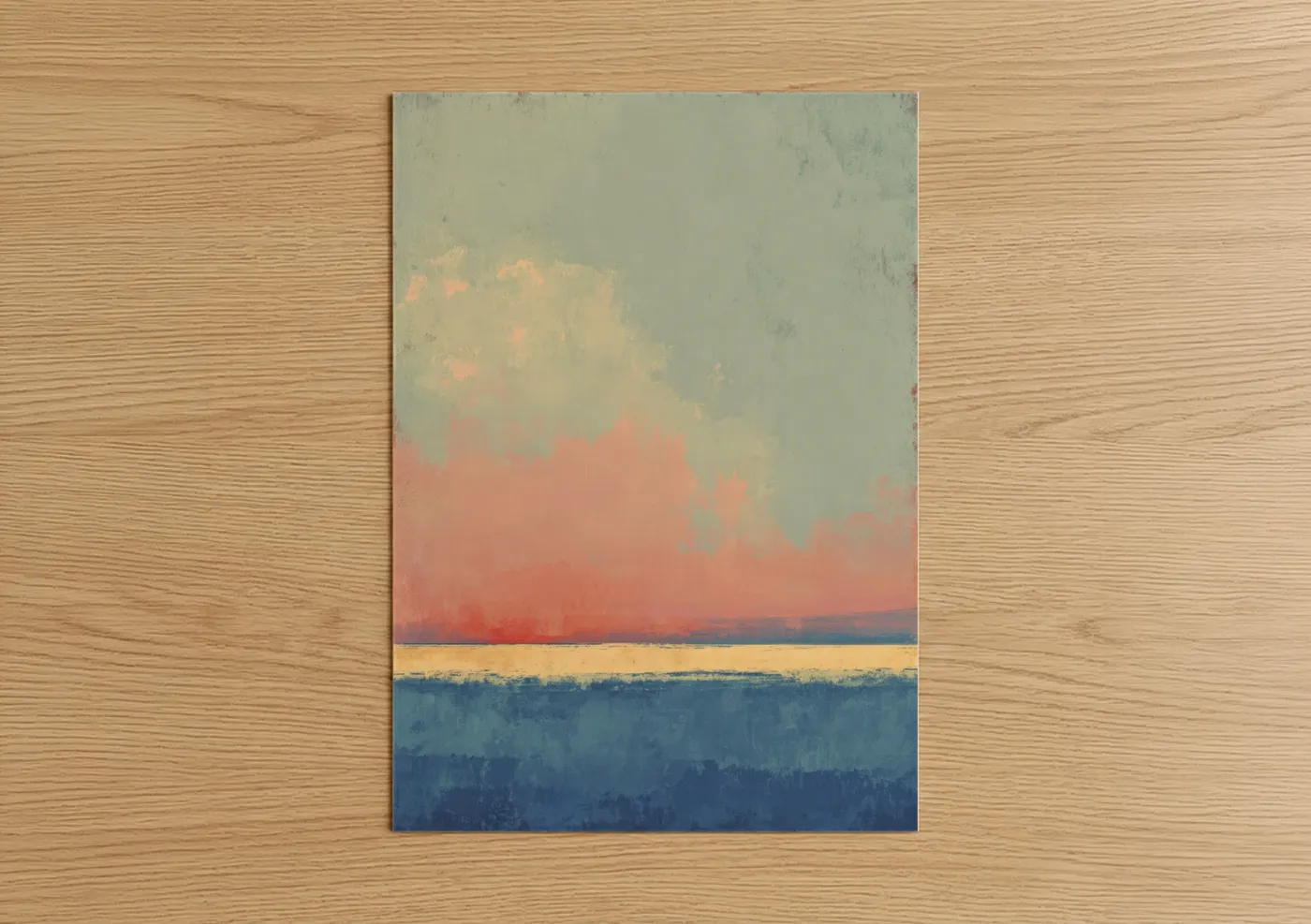 Art print on warm oak wood — peach and blue palette — Pastel Morning Sky poster