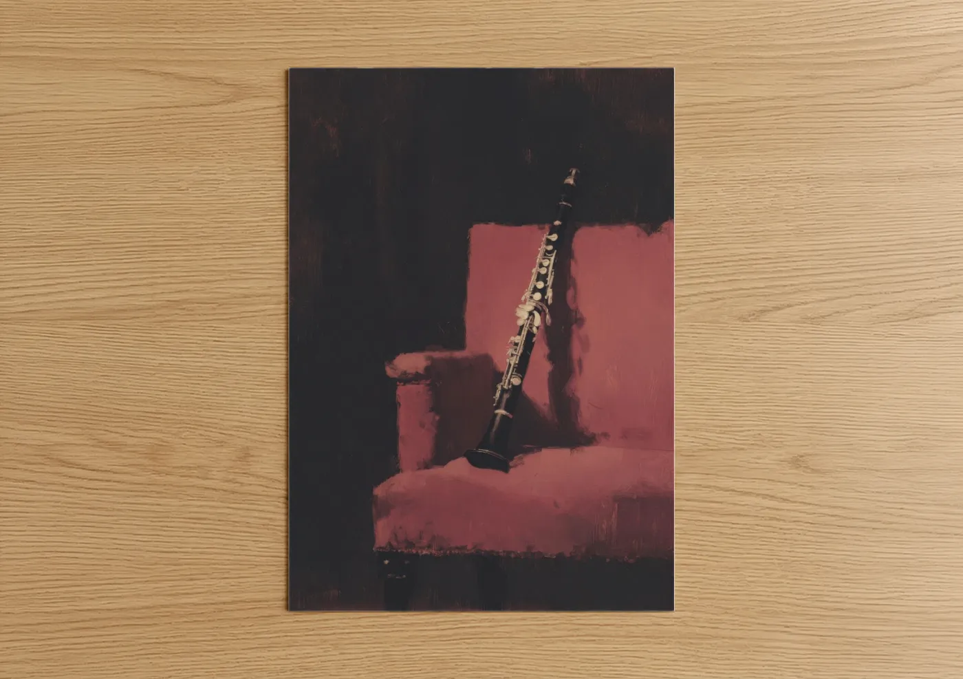 Art print on warm oak wood — salmon pink and espresso palette — Rose Clarinet poster