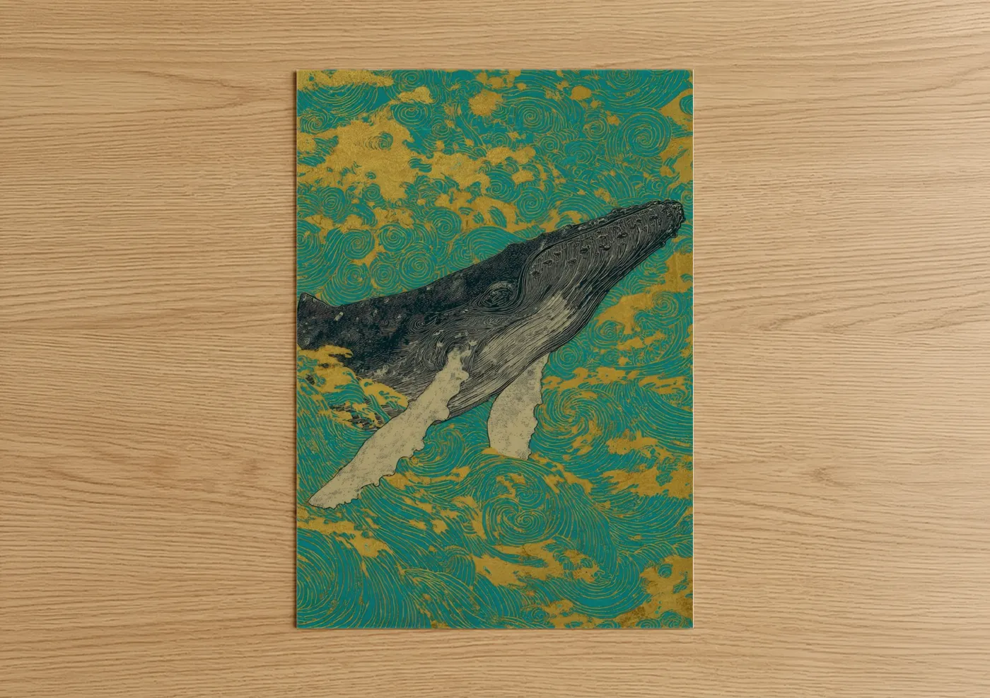 Gray whale art print on warm oak wood — gold and teal palette — Golden Wave Whale poster