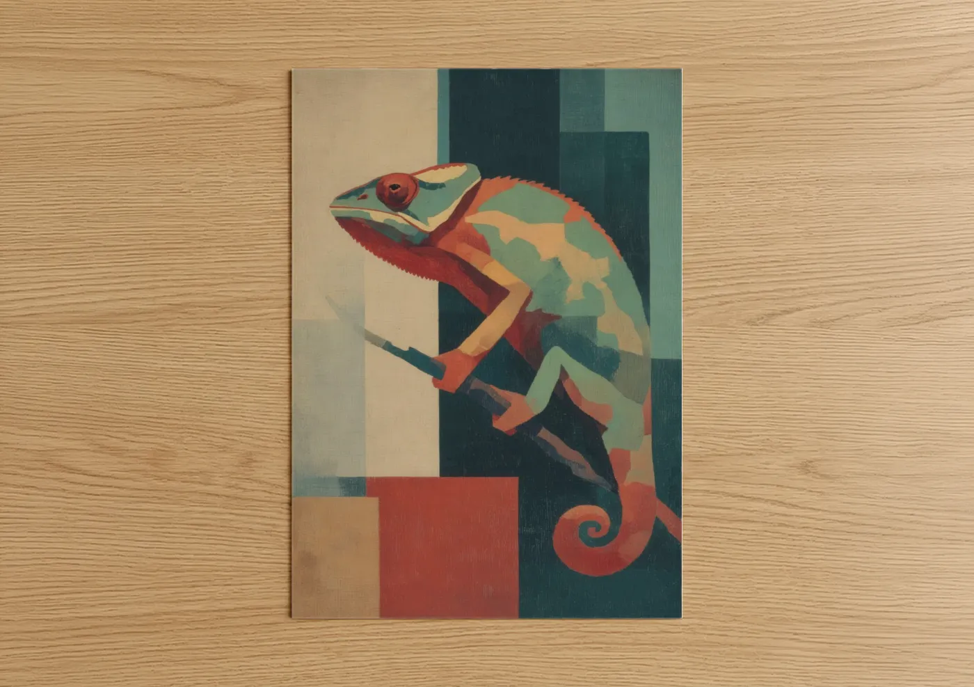 Art print on warm oak wood — red and teal palette — Geometric Chameleon poster