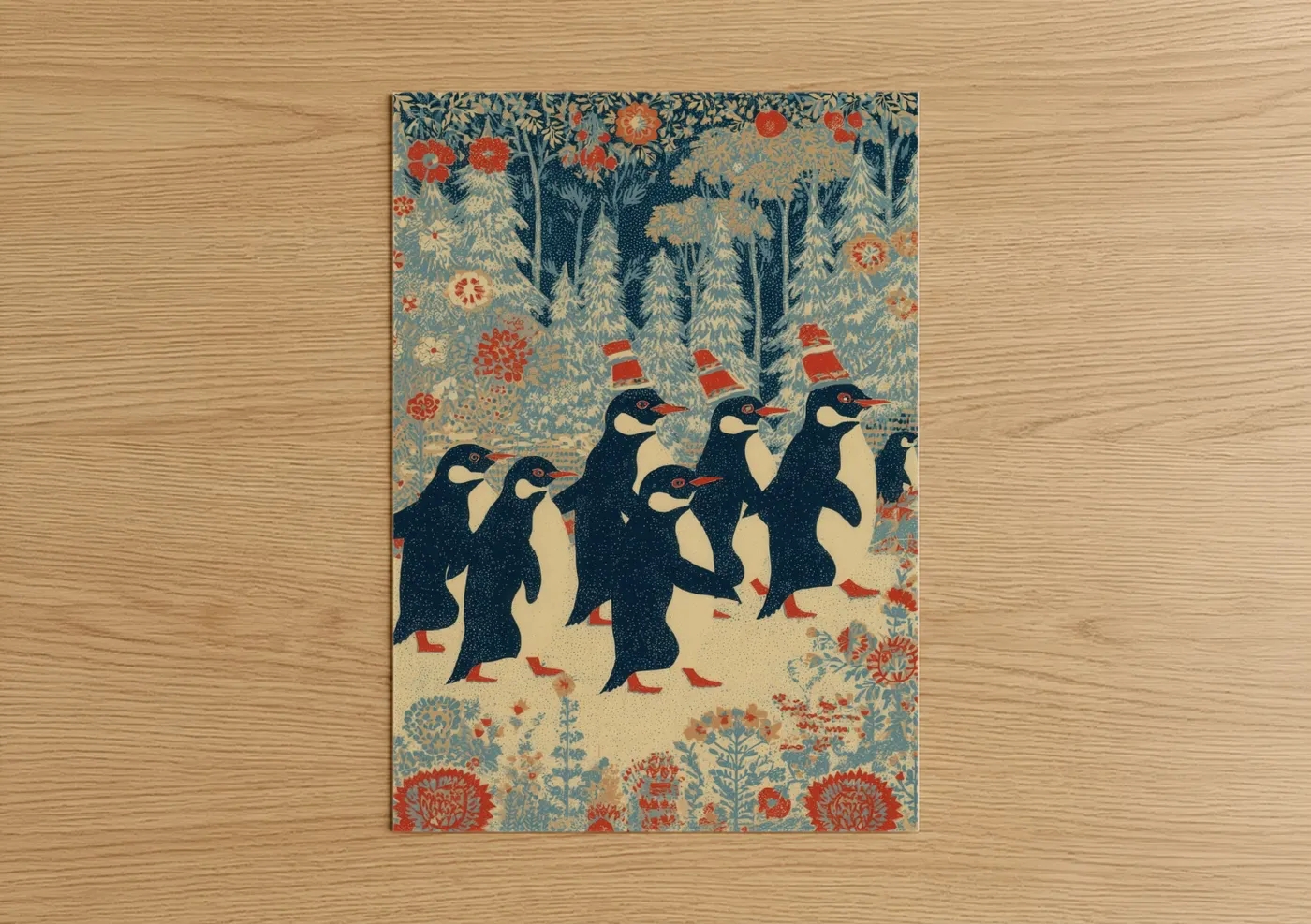 Festive Penguin Procession Winter Wall Art