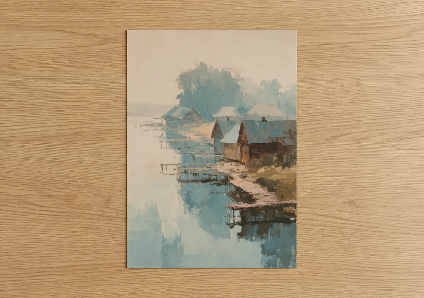 Misty Riverside Village Watercolor Landscape Wall Art