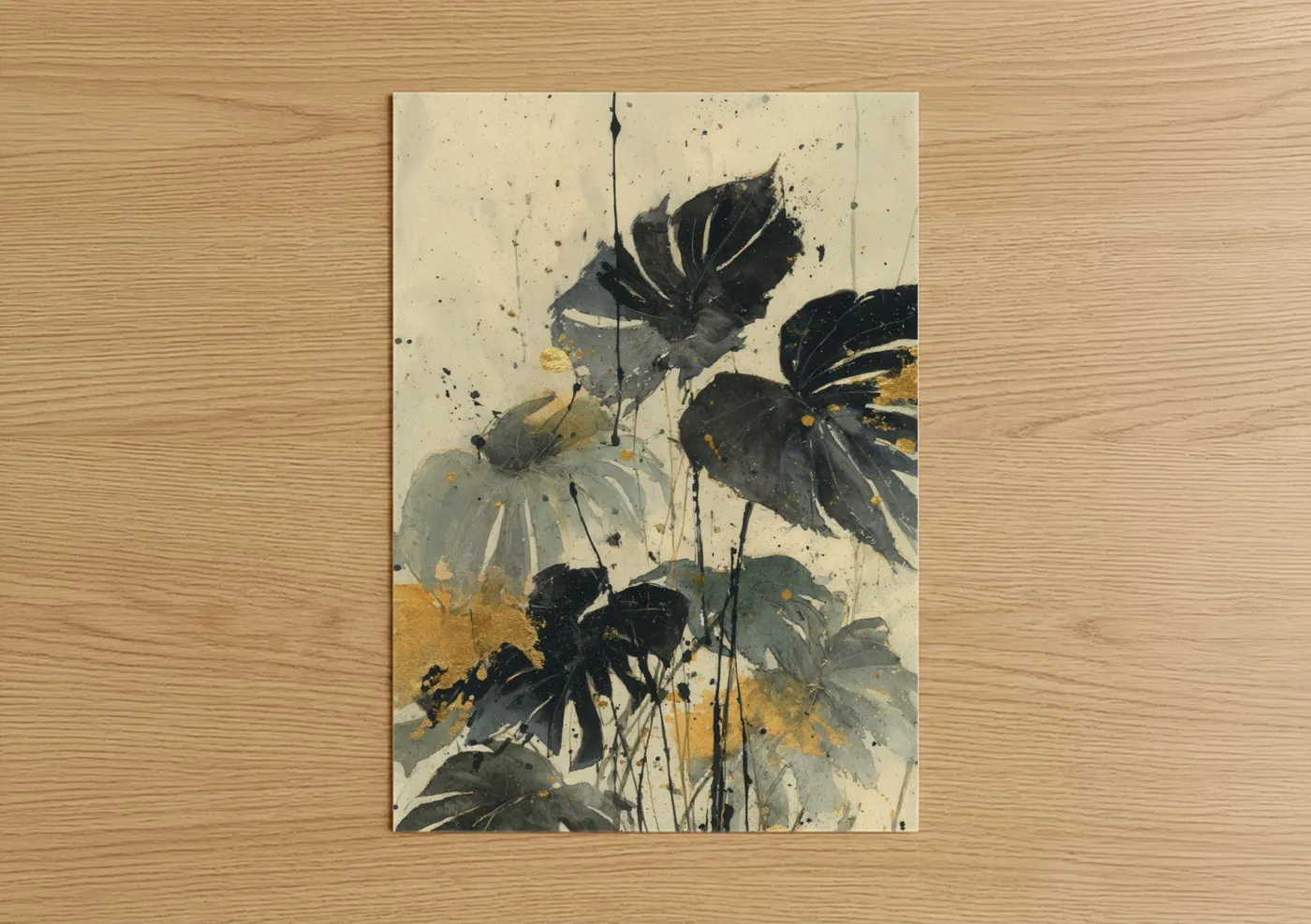 Palm tree art print on warm oak wood — black and white and gold palette — Dark Palm Elegance poster