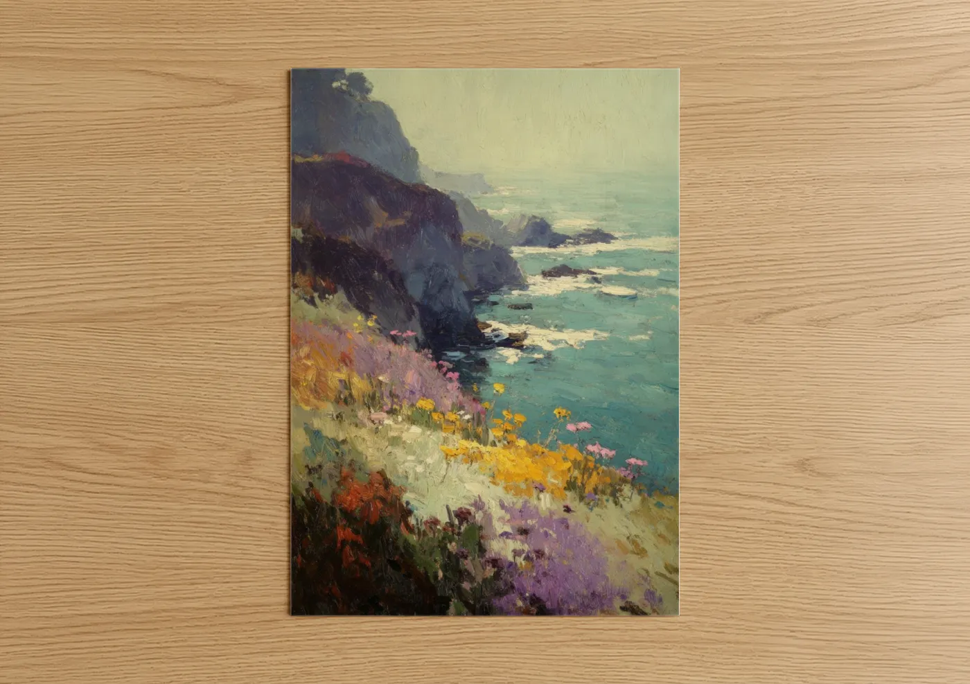 Wildflower Cliffs Ocean Seascape Painting Wall Art