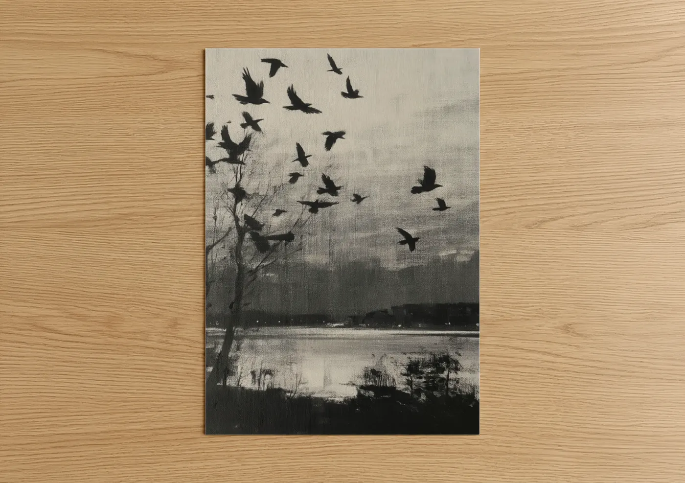 Black Crows Misty Lake Landscape Wall Art