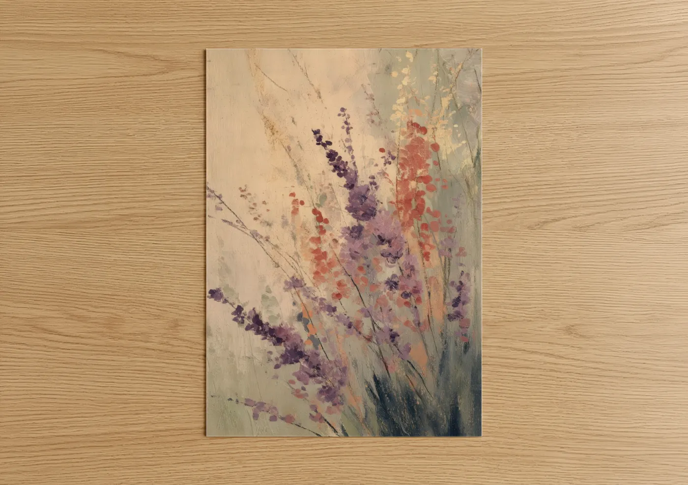 Herbs and spices art print on warm oak wood — lavender and cream palette — Wildflower Herbs poster