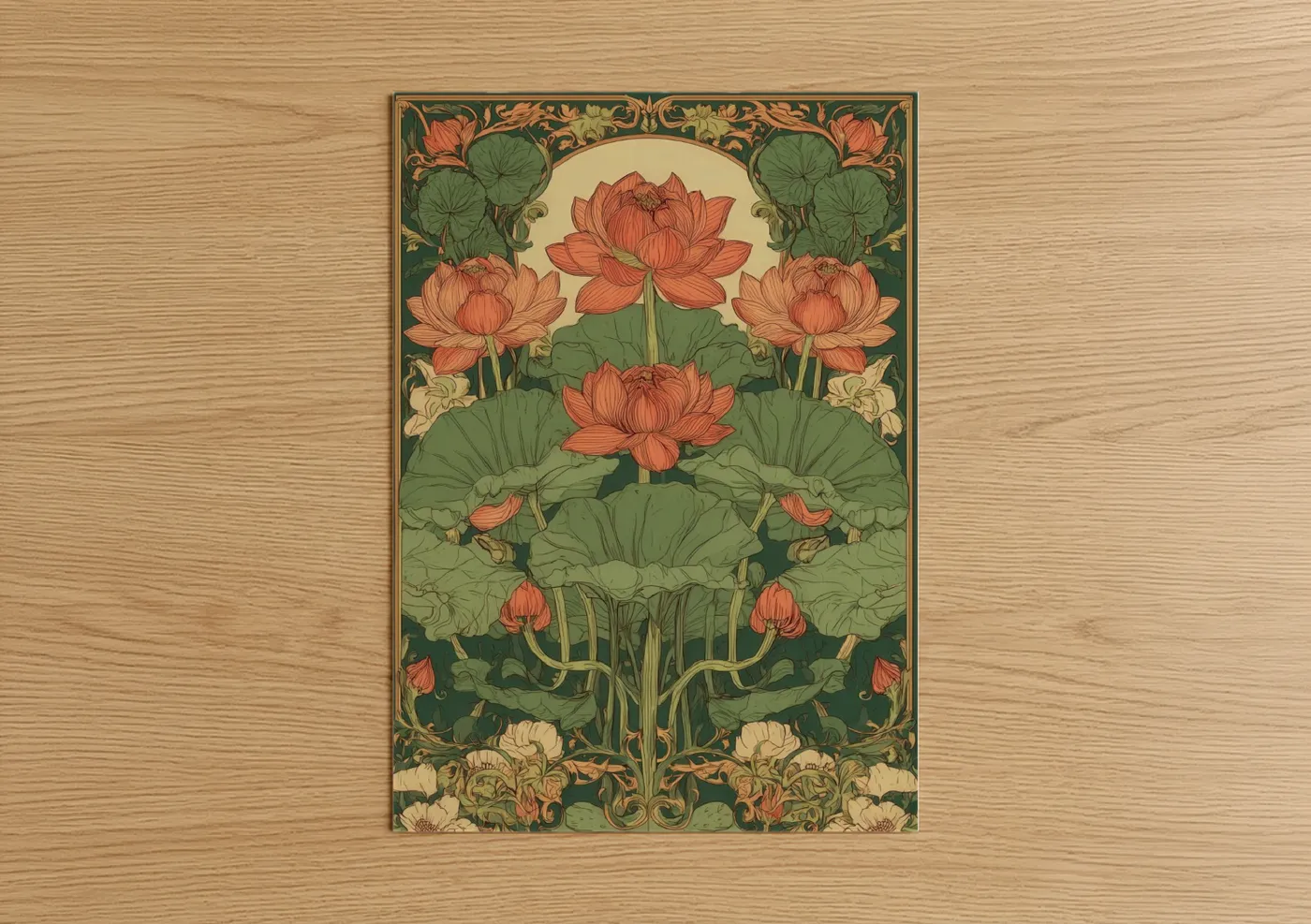 Coral Lotus Garden Art Nouveau Floral Wall Art