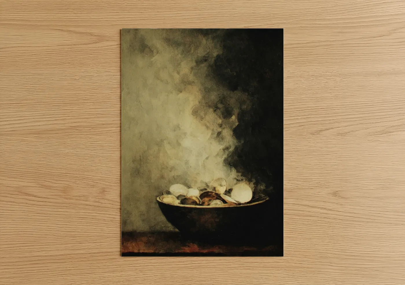 Seafood art print on warm oak wood — black and gold palette — Steaming Shellfish Bowl poster
