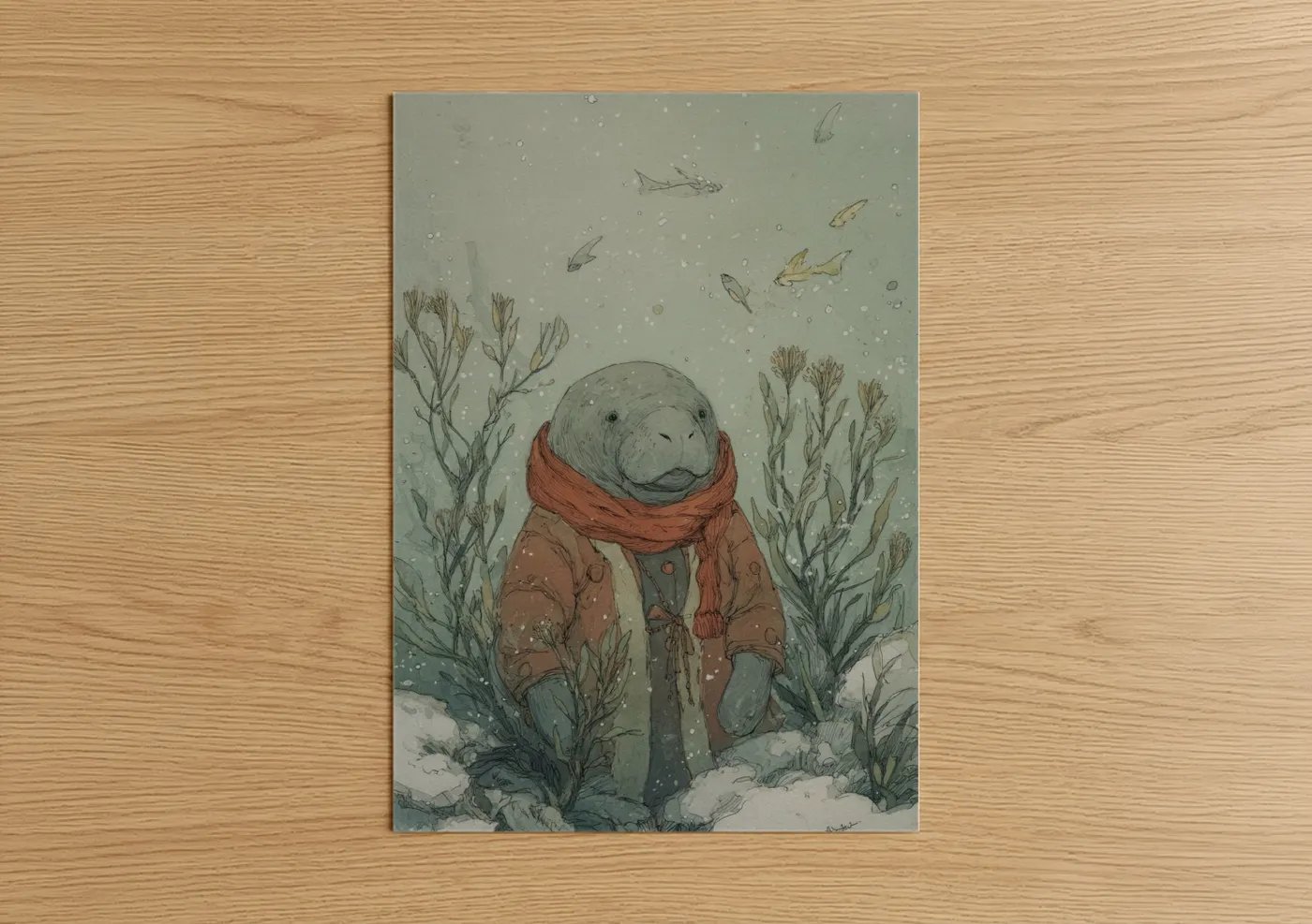 Manatees art print on warm oak wood — bermuda gray and russet palette — Cozy Manatee Winter poster