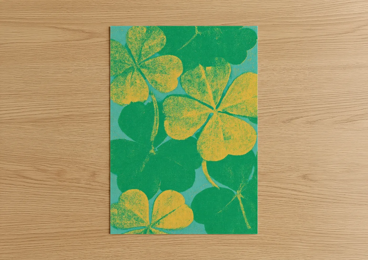 St. patrick's day art print on warm oak wood — true green and yellow gold palette — Golden Clover Celebration poster