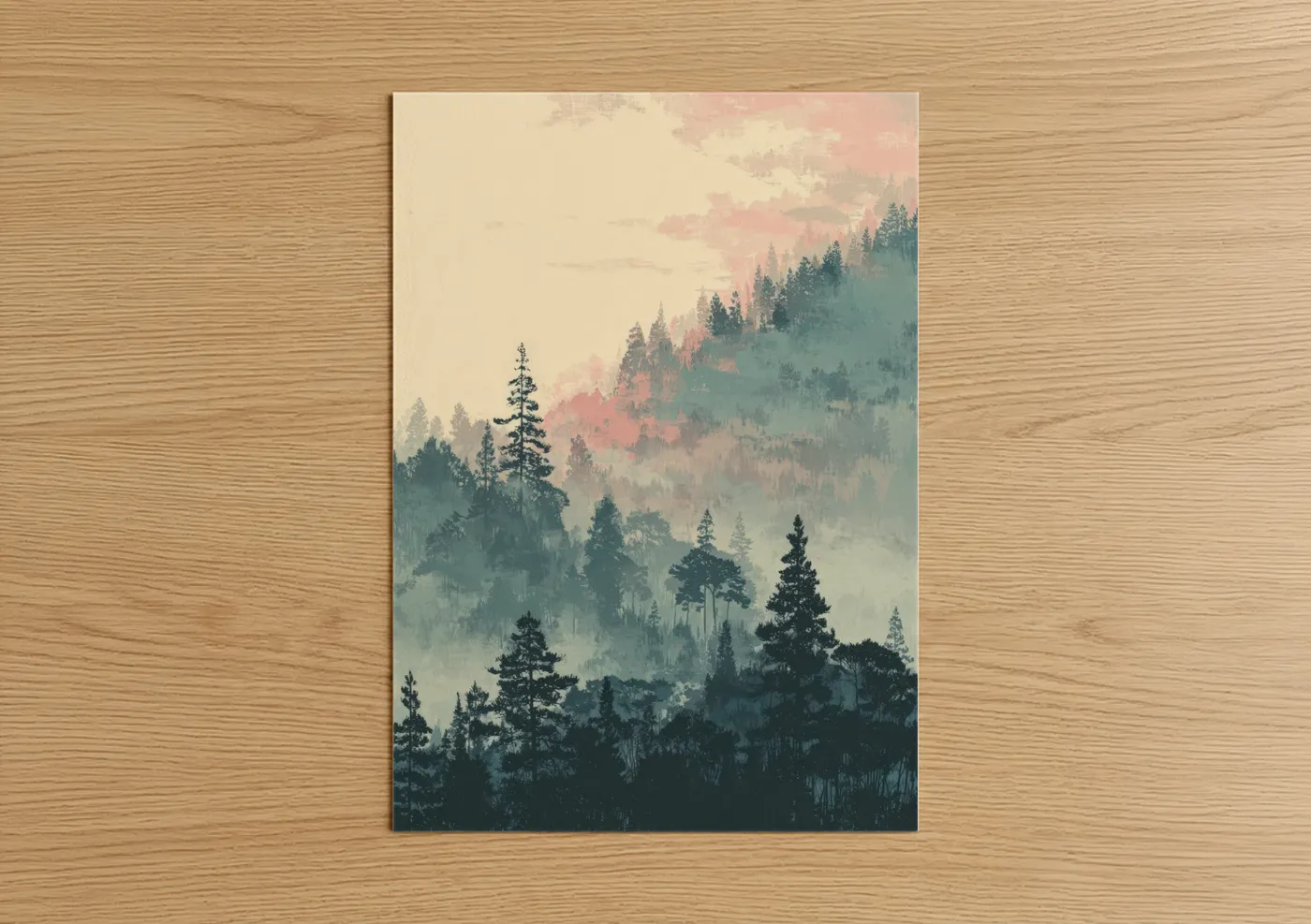 Misty Pine Forest Landscape Illustration Wall Art