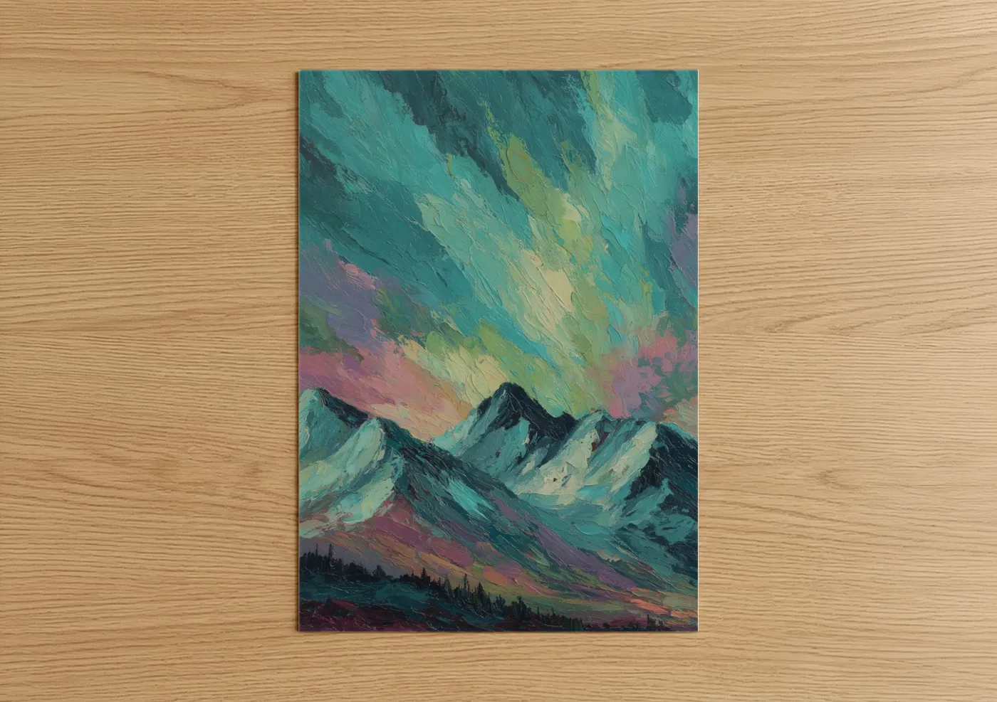 Northern lights art print on warm oak wood — teal and gold and pink palette — Aurora Mountain Vista poster