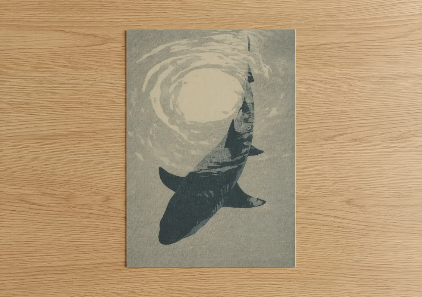 Sand tiger shark art print on warm oak wood — gray and cream palette — Spiral Sand Tiger poster