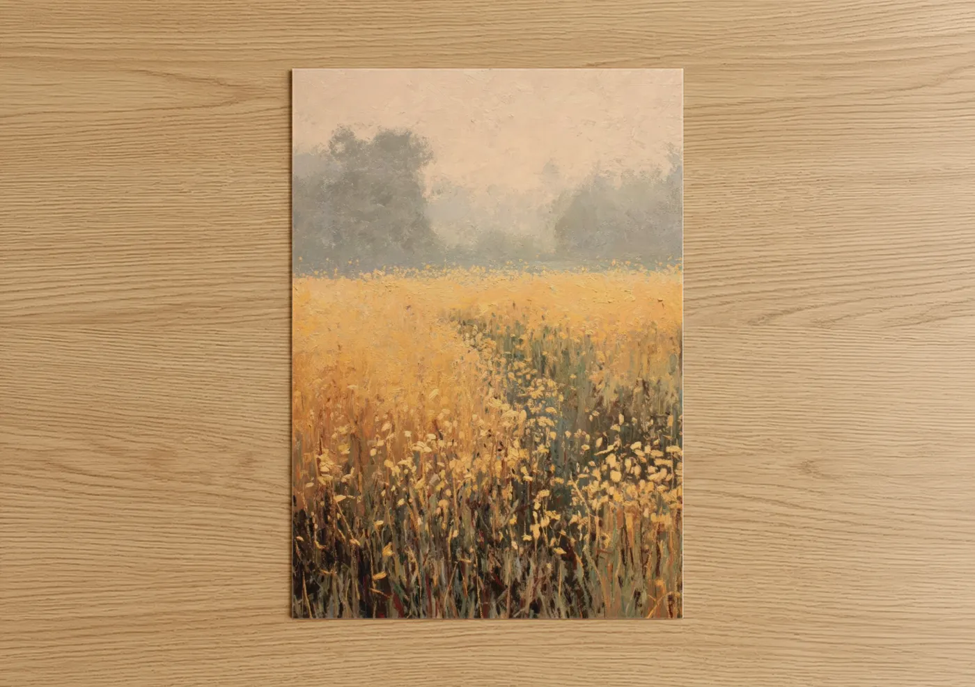 Art print on warm oak wood — gold and dove gray palette — Misty Grain Field poster