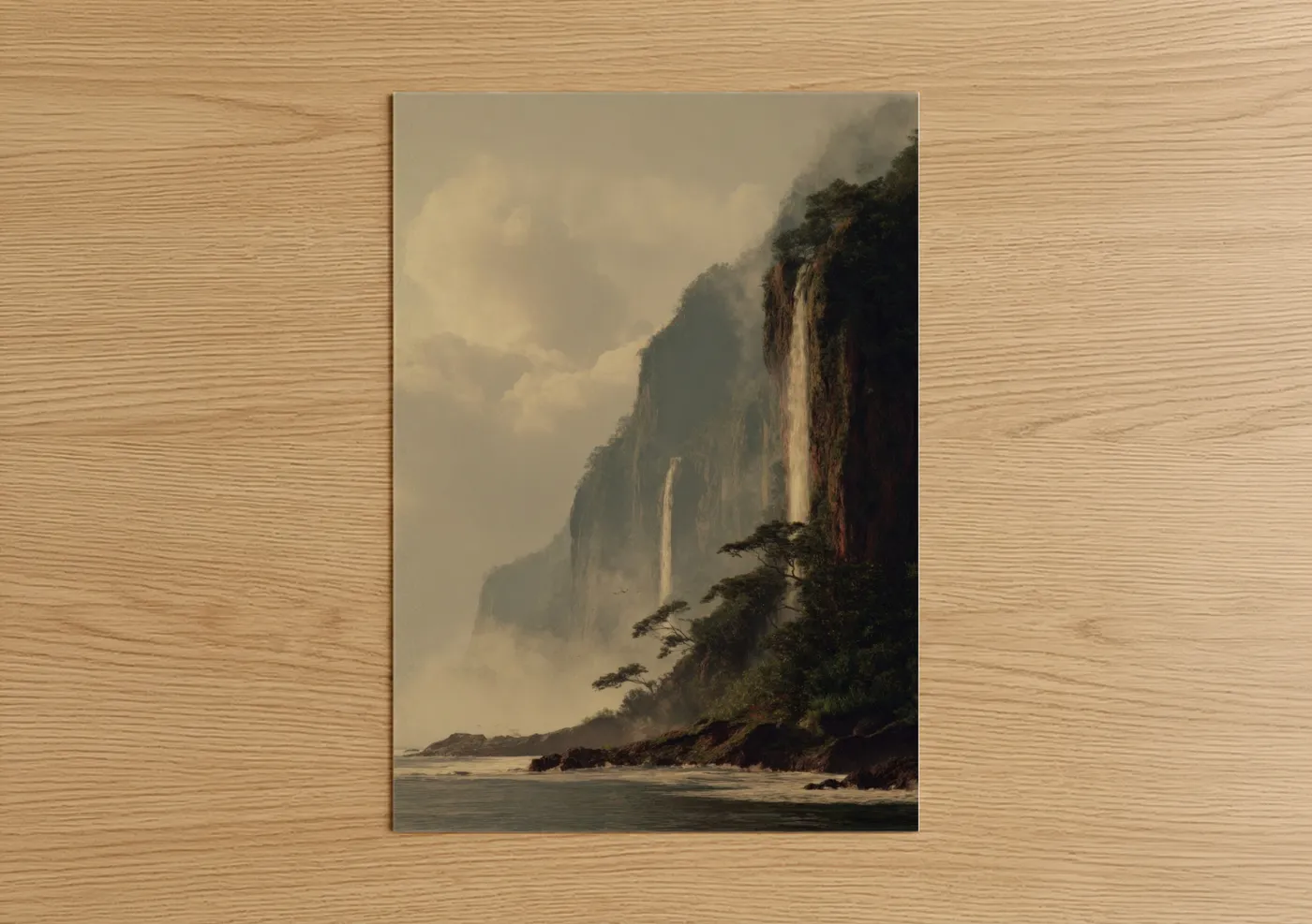 Art print on warm oak wood — cream and dove gray palette — Misty Island Waterfall poster