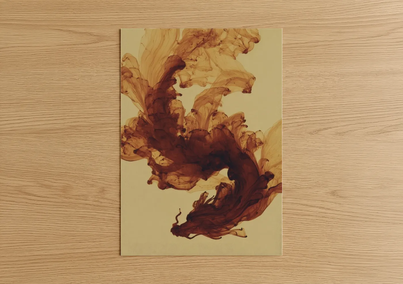 Art print on warm oak wood — gold and brown palette — Amber Tea Swirl poster