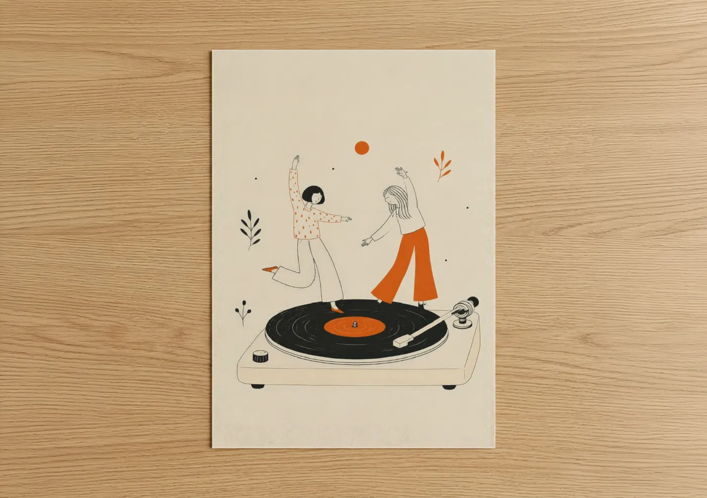 Dance art print on warm oak wood — orange and beige palette — Retro Dancing Couple Vinyl Wall Art poster