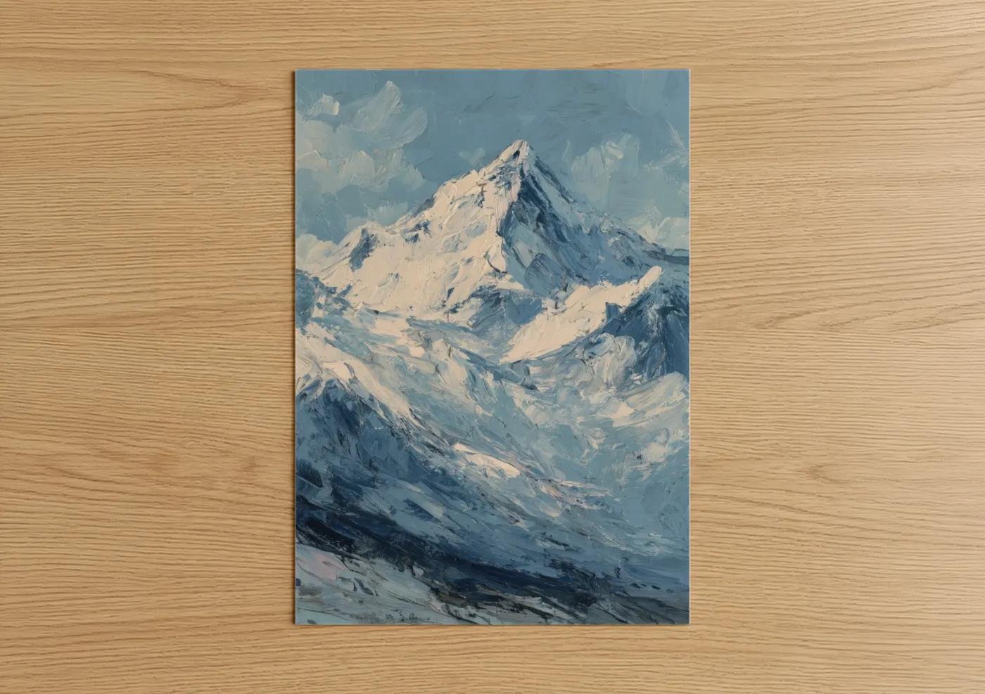 Mount everest art print on warm oak wood — blue and white and gold palette — Alpine Majesty Peak poster