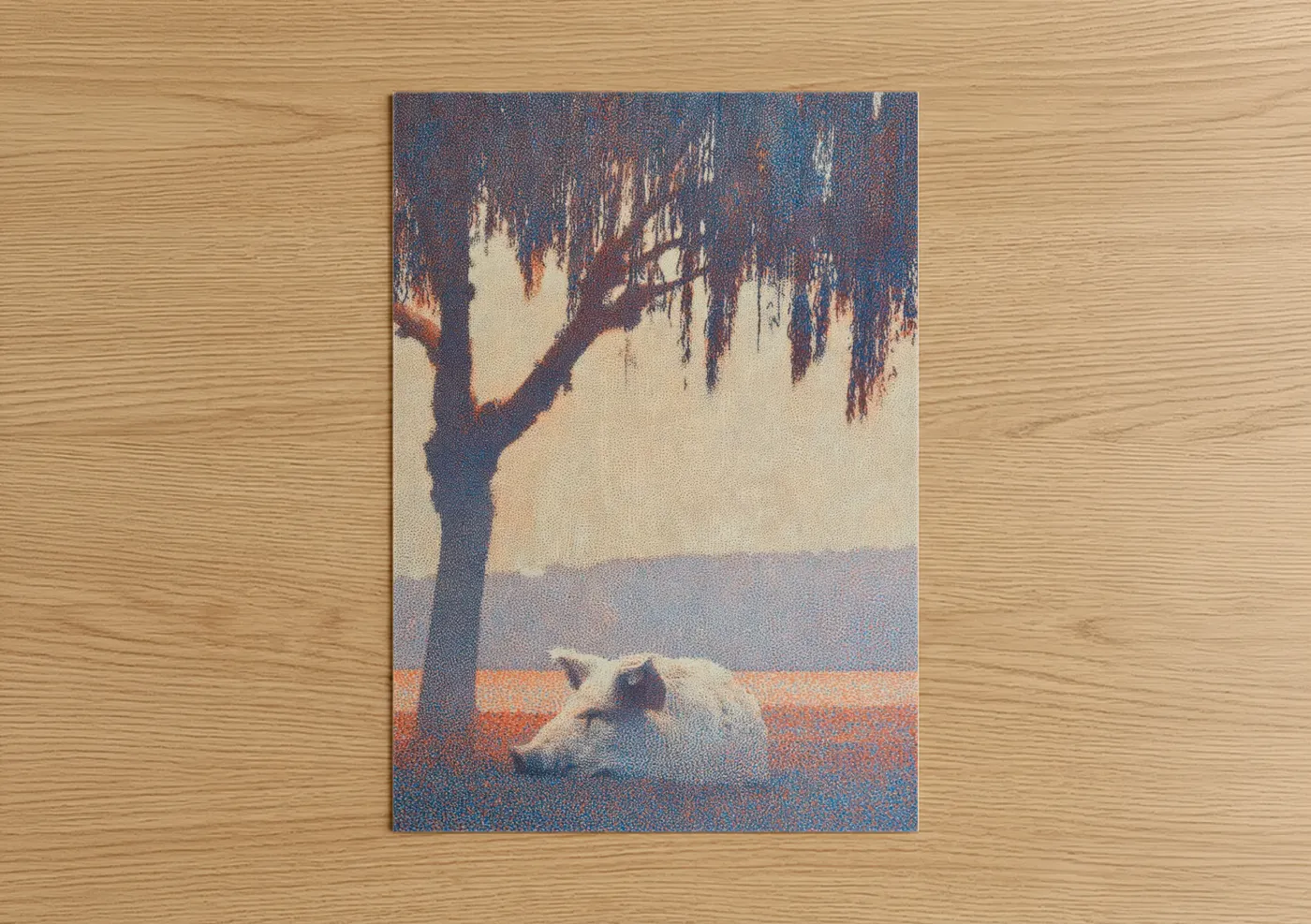 Art print on warm oak wood — cream and russet palette — Rustic Pig Rest poster