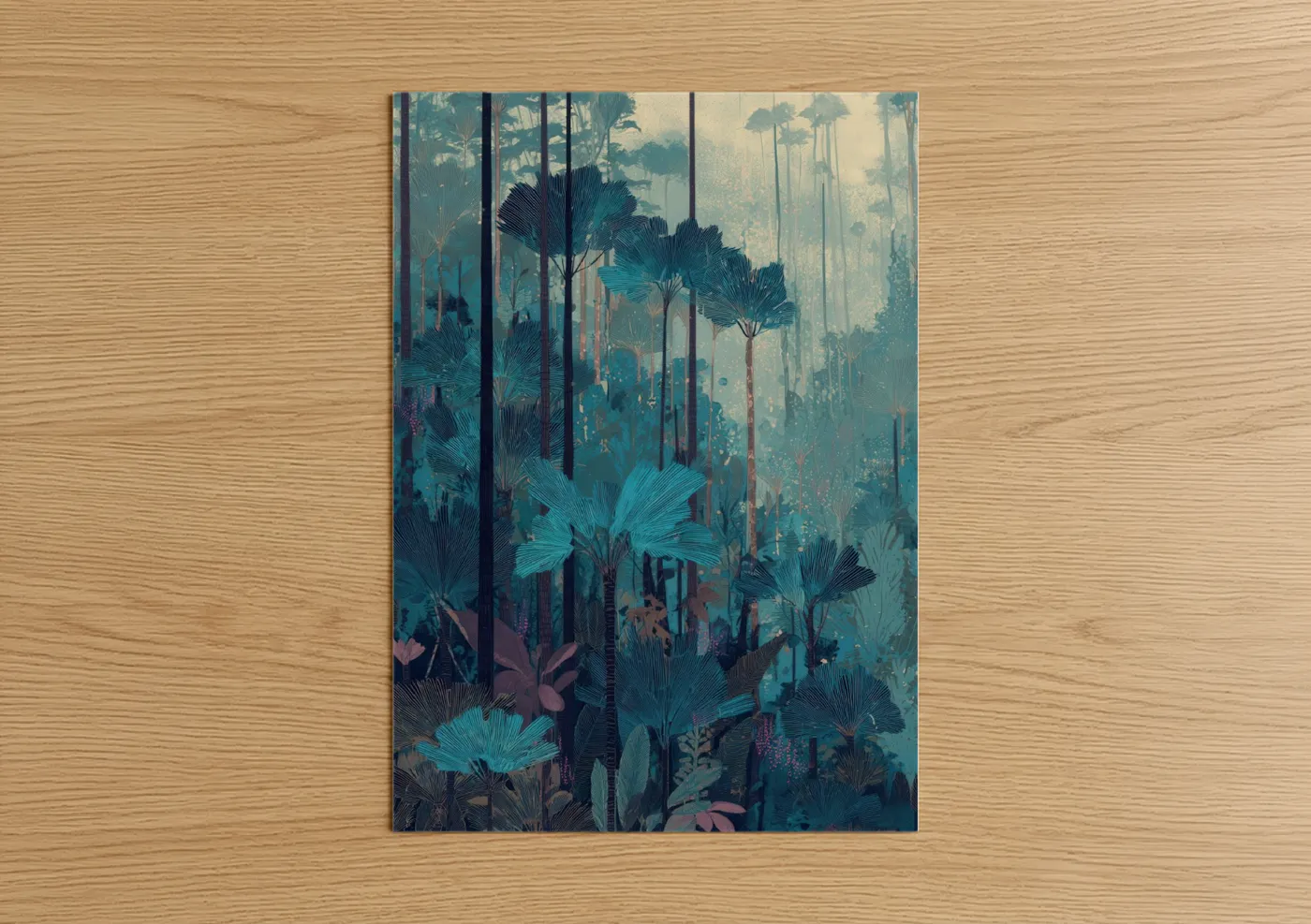 Tropical trees art print on warm oak wood — teal and cream palette — Misty Tropical Forest poster