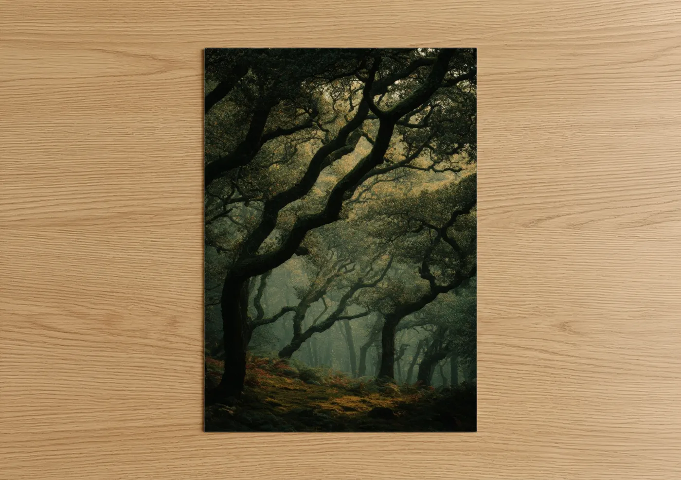 Art print on warm oak wood — green and gold palette — Misty Oak Forest poster