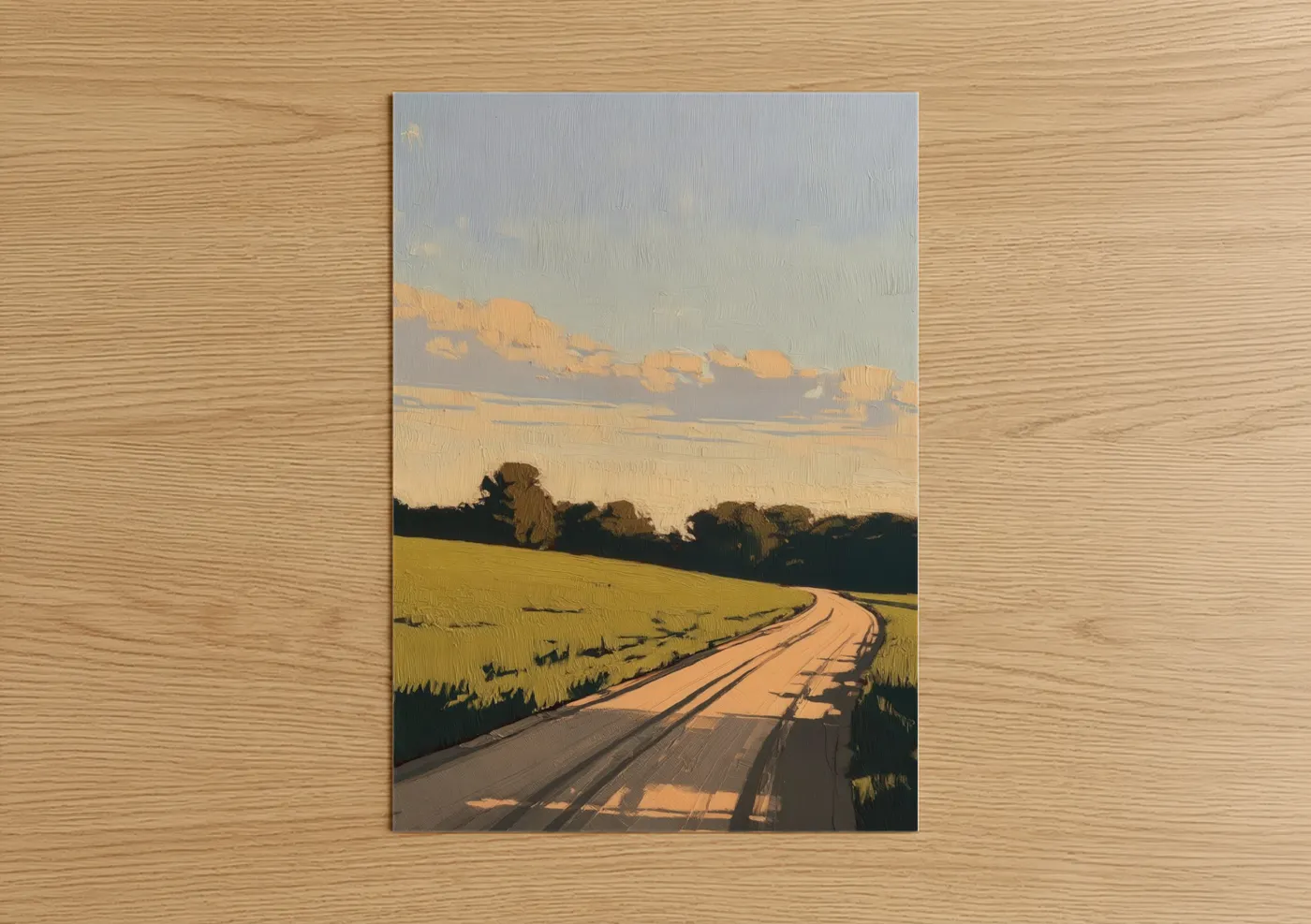 Various landscapes art print on warm oak wood — gold and light green palette — Golden Hour Road poster