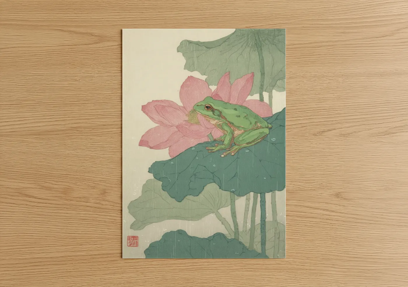 Green Frog on Pink Lotus Flower Wall Art