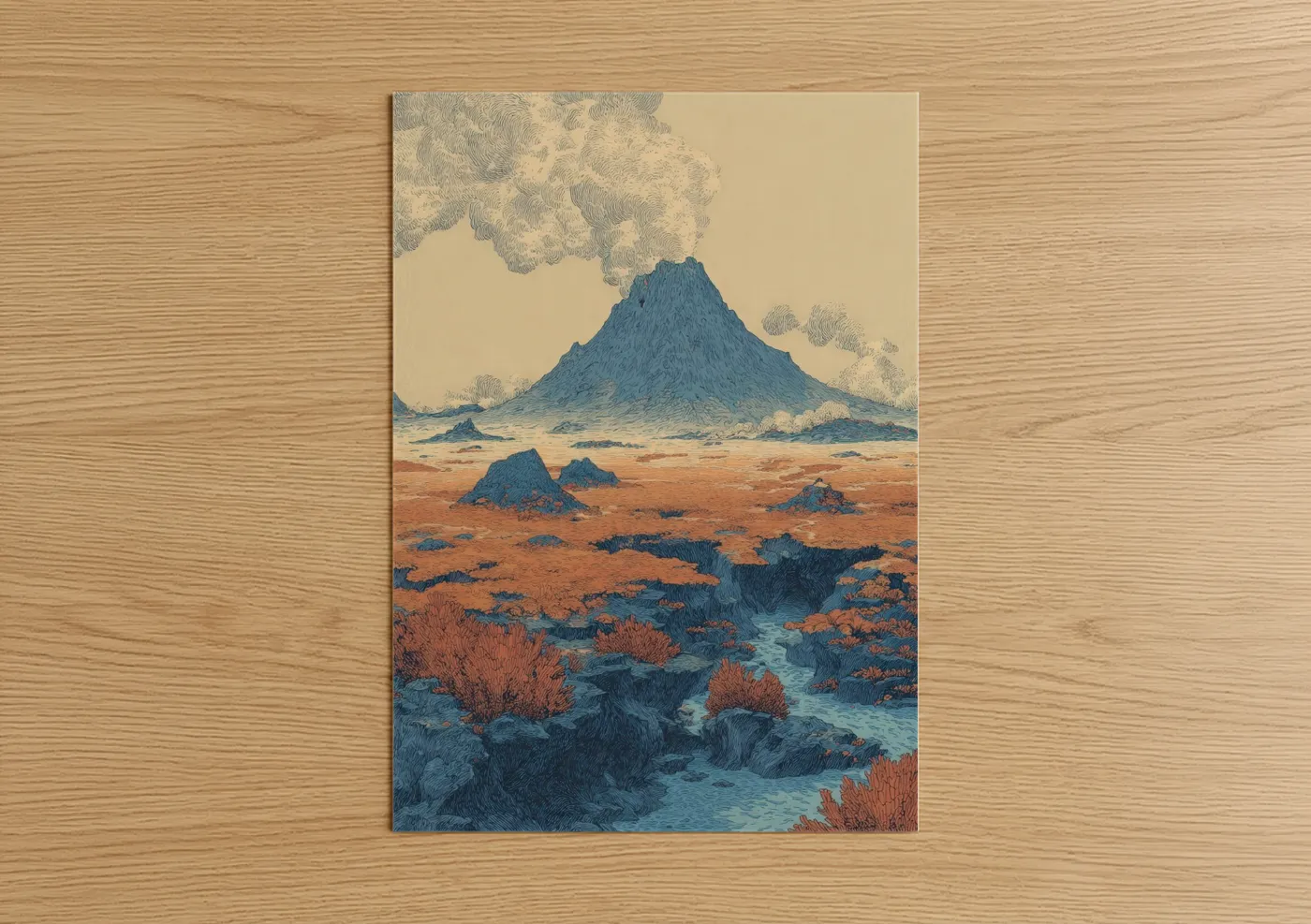 Art print on warm oak wood — dark blue and russet palette — Crimson Volcano Peak poster
