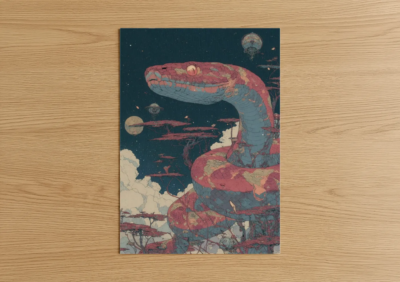 Boa constrictor art print on warm oak wood — rose gold and dark blue palette — Cosmic Serpent poster
