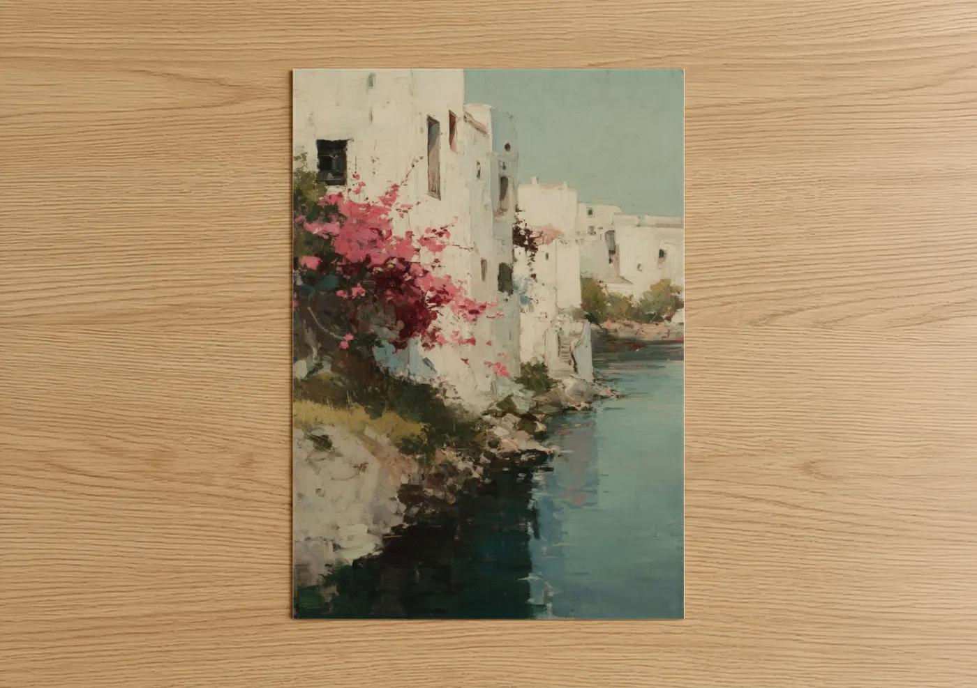 Art print on warm oak wood — cream and sage green palette — Riverside Bougainvillea poster