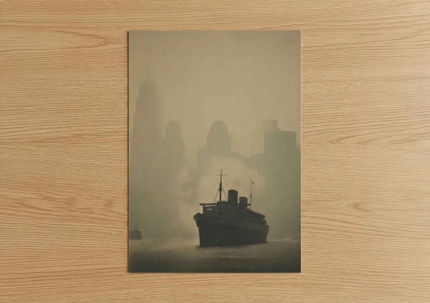 Cruise ship art print on warm oak wood — gray and black and white palette — Misty Liner poster