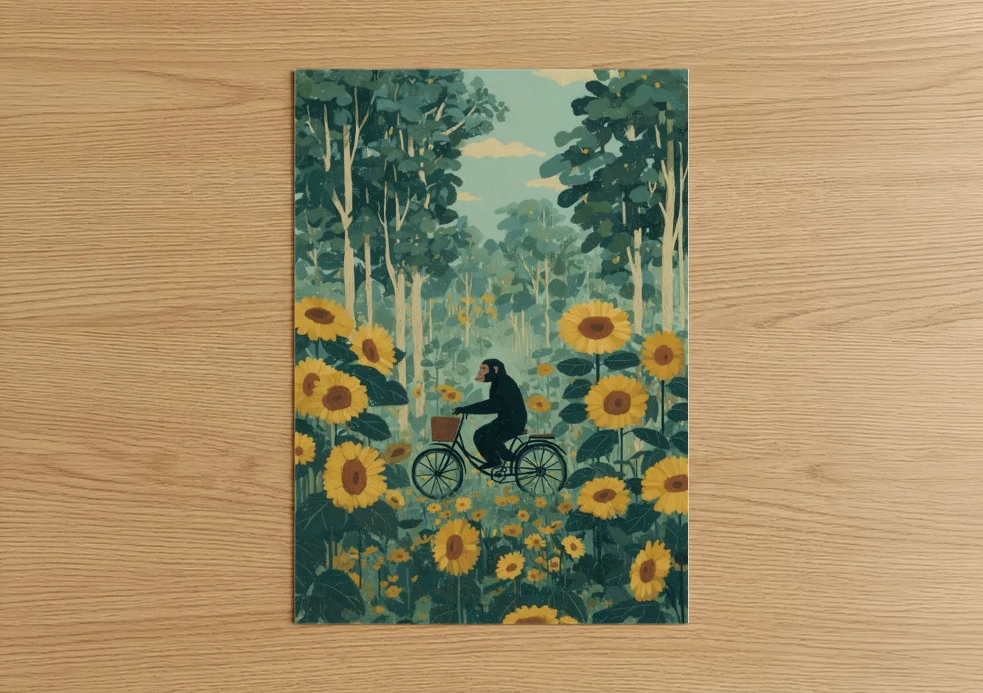 Chimpanzee art print on warm oak wood — gold and green palette — Sunflower Cyclist poster