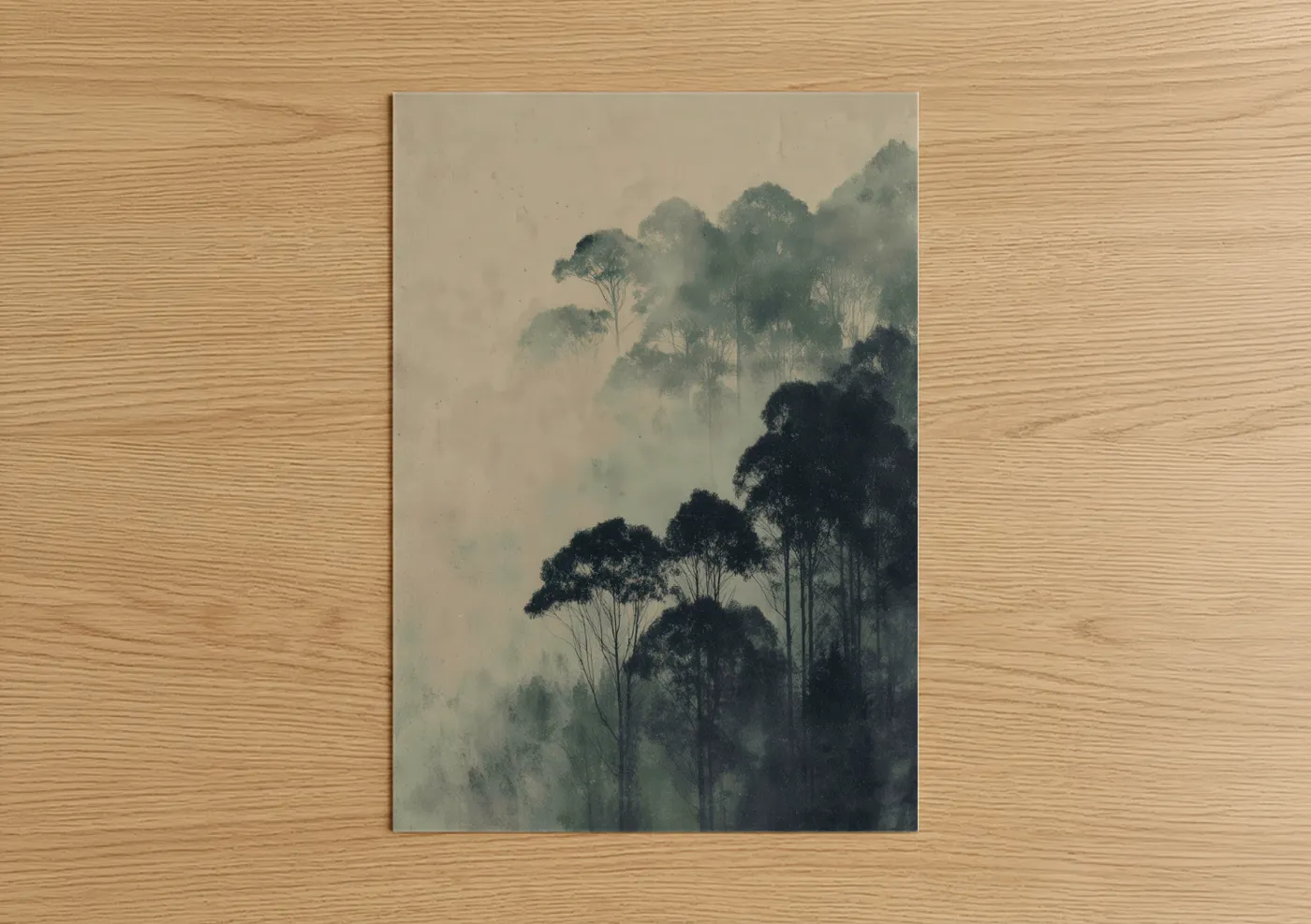 Art print on warm oak wood — gray and sage green palette — Misty Eucalyptus Forest poster
