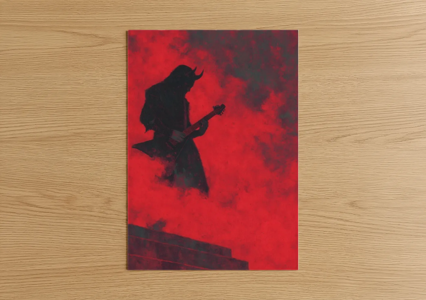Death metal art print on warm oak wood — red and black palette — Crimson Shredder poster